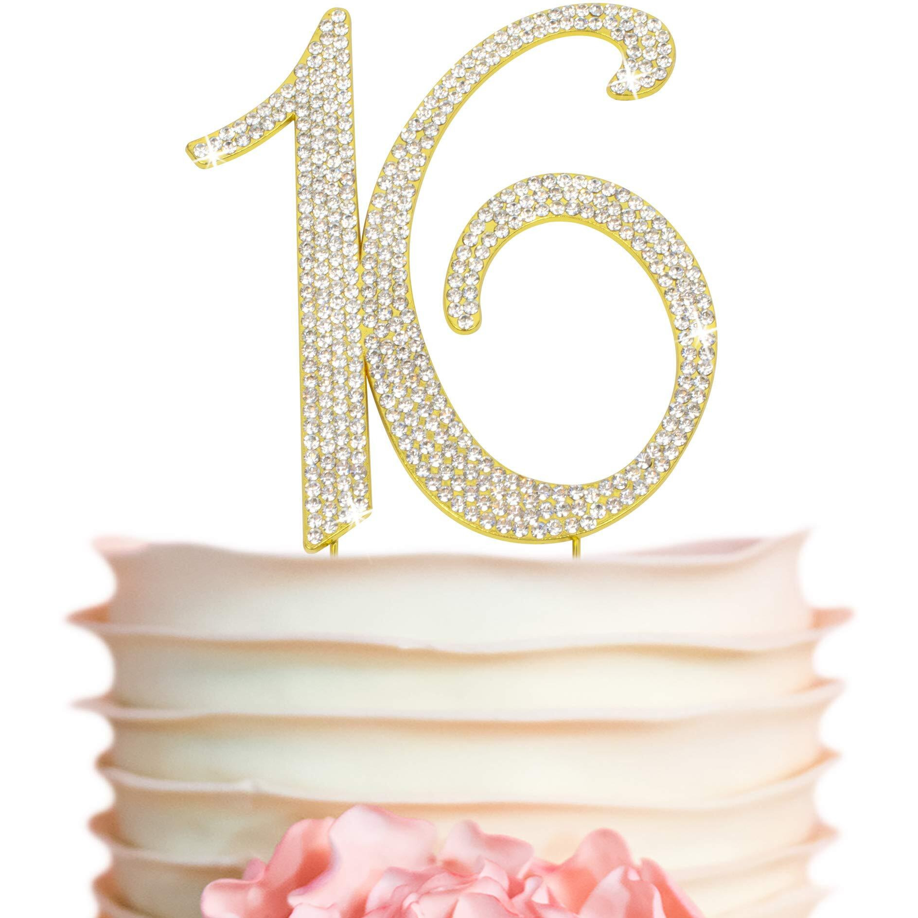 16 Cake Topper - Premium Gold Metal - Sweet 16 Birthday Party Sparkly Rhinestone Decoration Makes A Great Centerpiece - Now Protected In A Box