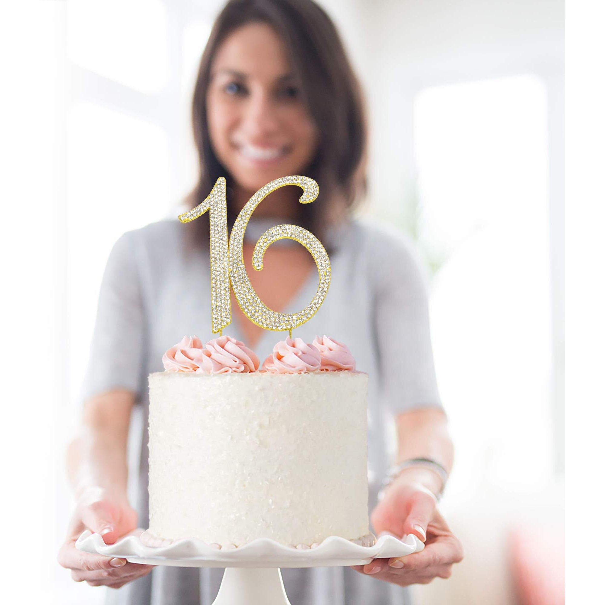 16 Cake Topper - Premium Gold Metal - Sweet 16 Birthday Party Sparkly Rhinestone Decoration Makes A Great Centerpiece - Now Protected In A Box