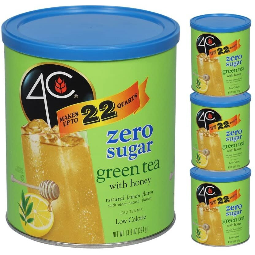 4C Light Powdered Drink Mix Cannisters, Zero Sugar Green Tea 3 Pack, 22 Quarts, Family Sized Cannister, Low Calorie, Thirst Quenching Flavors