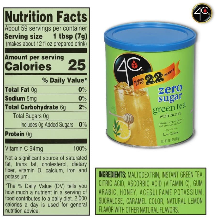 4C Light Powdered Drink Mix Cannisters, Zero Sugar Green Tea 3 Pack, 22 Quarts, Family Sized Cannister, Low Calorie, Thirst Quenching Flavors