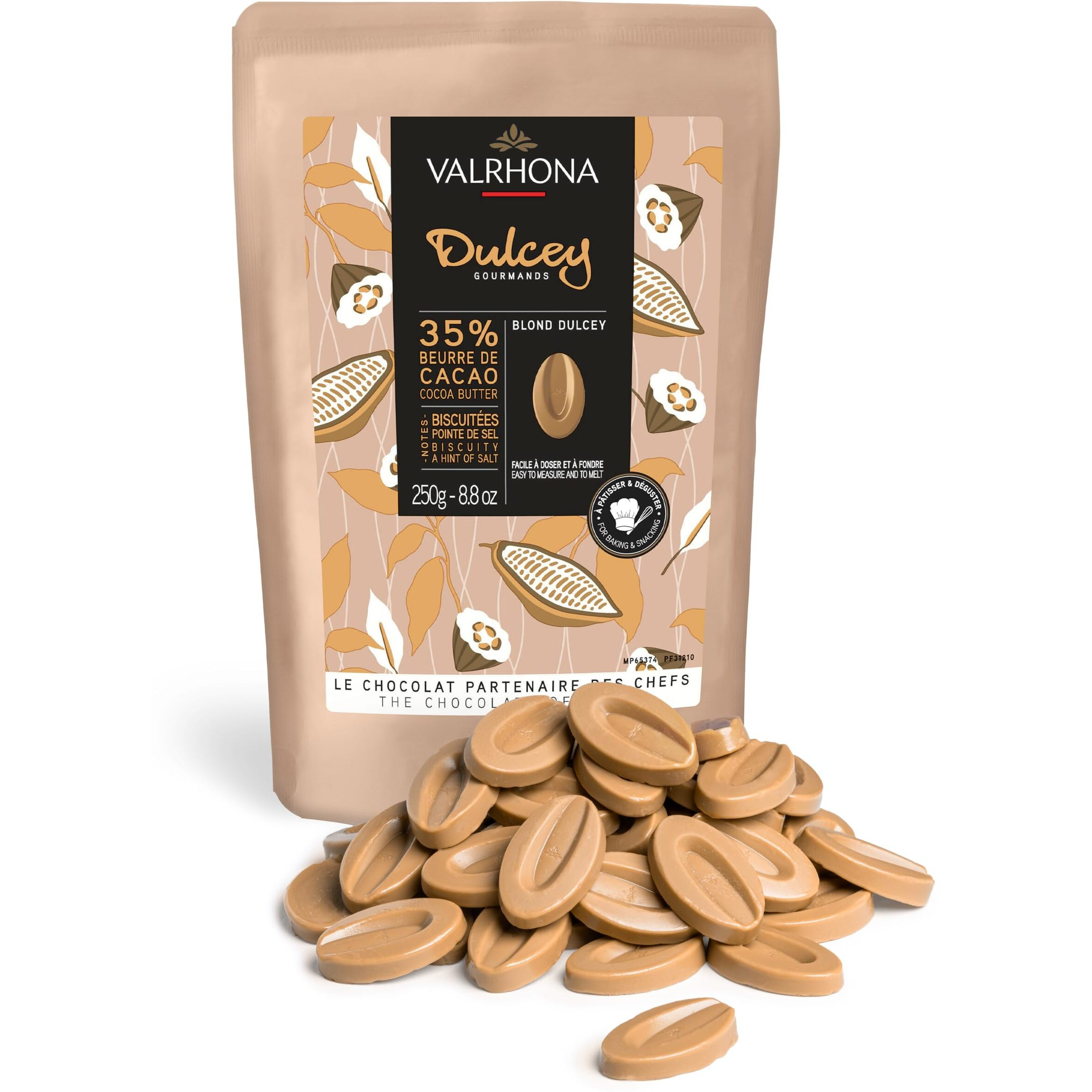 Valrhona Premium French Baking Blonde Chocolate Discs (Feves). Dulcey 35% Cacao. Creamy, Caramel Cookie Flavor Notes. Easy Melt & Tempering. Creamy, Balanced, For Luscious Frostings. 250G (Pack Of 1)