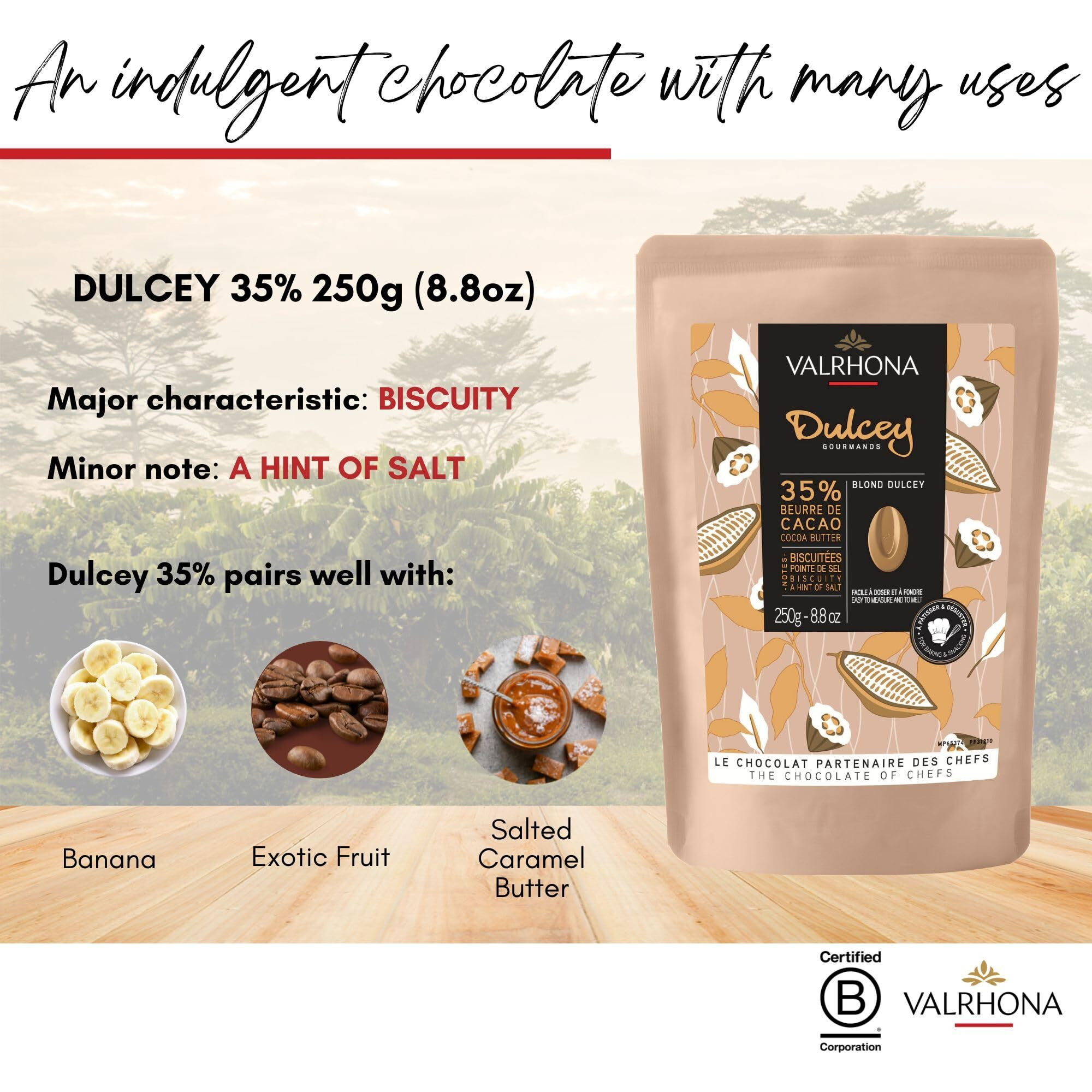Valrhona Premium French Baking Blonde Chocolate Discs (Feves). Dulcey 35% Cacao. Creamy, Caramel Cookie Flavor Notes. Easy Melt & Tempering. Creamy, Balanced, For Luscious Frostings. 250G (Pack Of 1)