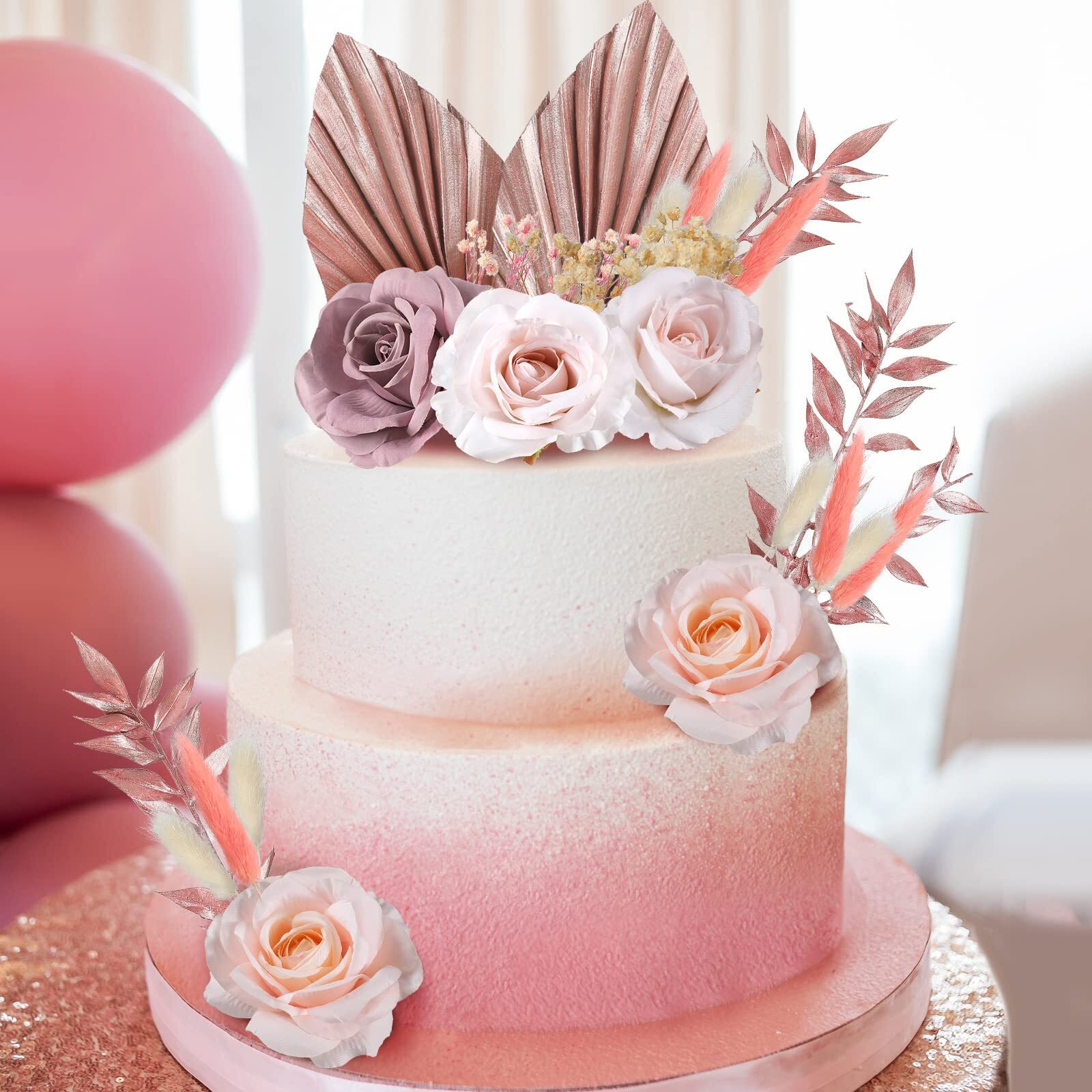 28 Pcs Boho Cake Topper Decorations Vintage Artificial Rose Flowers Leaves For Cake Decorating Kit Dried Faux Flower Decor For Bohemian Wedding Bridal Baby Shower Birthday Party Supplies (Rose Gold)