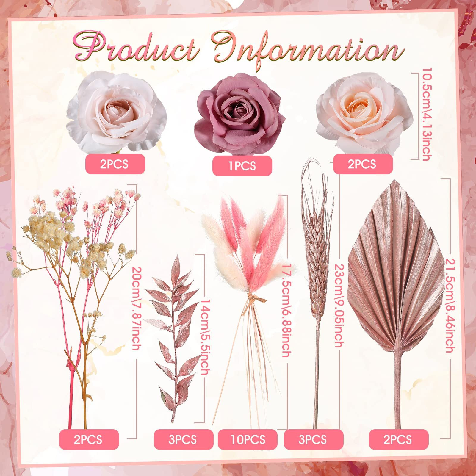 28 Pcs Boho Cake Topper Decorations Vintage Artificial Rose Flowers Leaves For Cake Decorating Kit Dried Faux Flower Decor For Bohemian Wedding Bridal Baby Shower Birthday Party Supplies (Rose Gold)