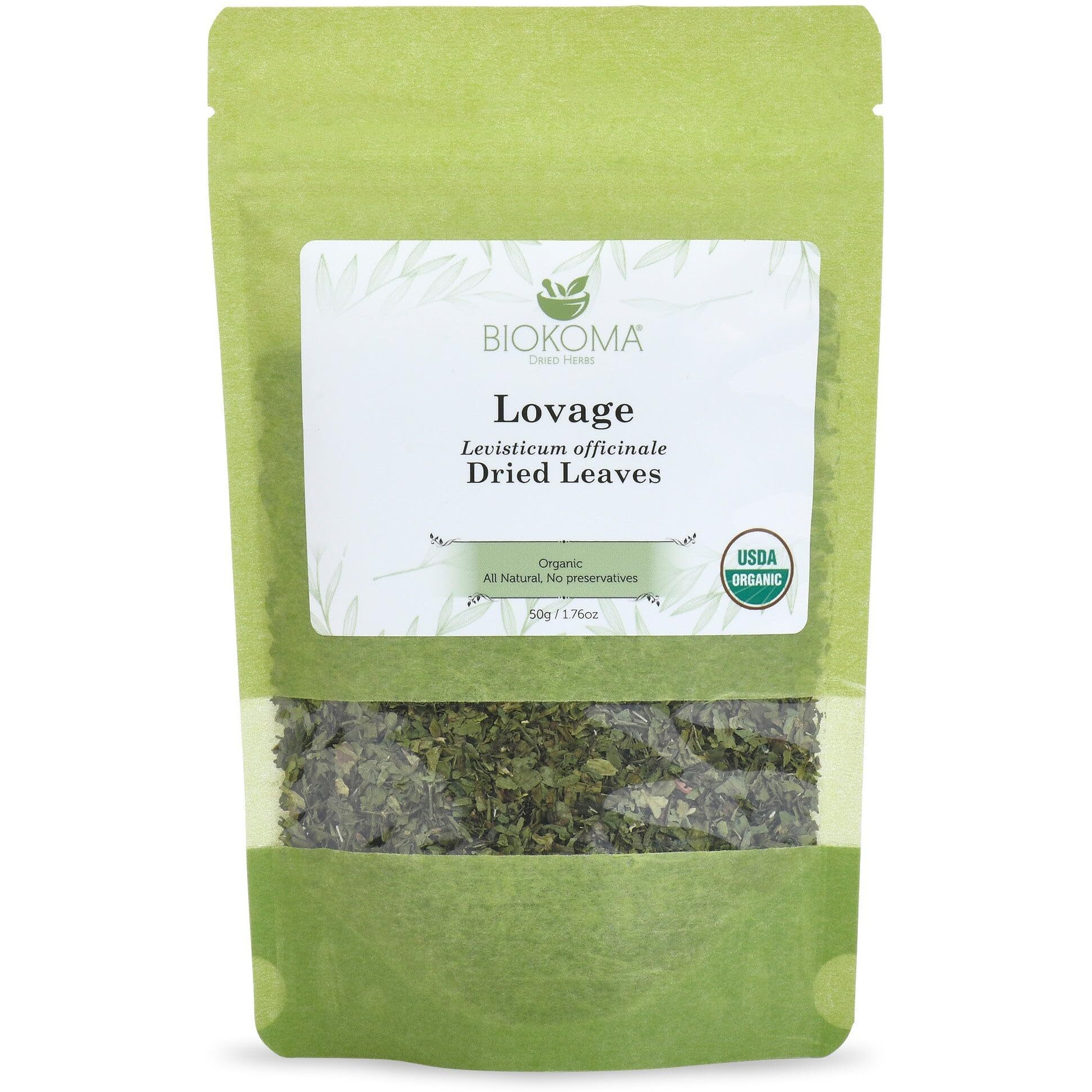 Biokoma Pure And Organic Lovage Dried Leaves 50G (1.76Oz) In Resealable Moisture Proof Pouch, Usda Certified Organic - Herbal Tea, No Additives, No Preservatives, No Gmo