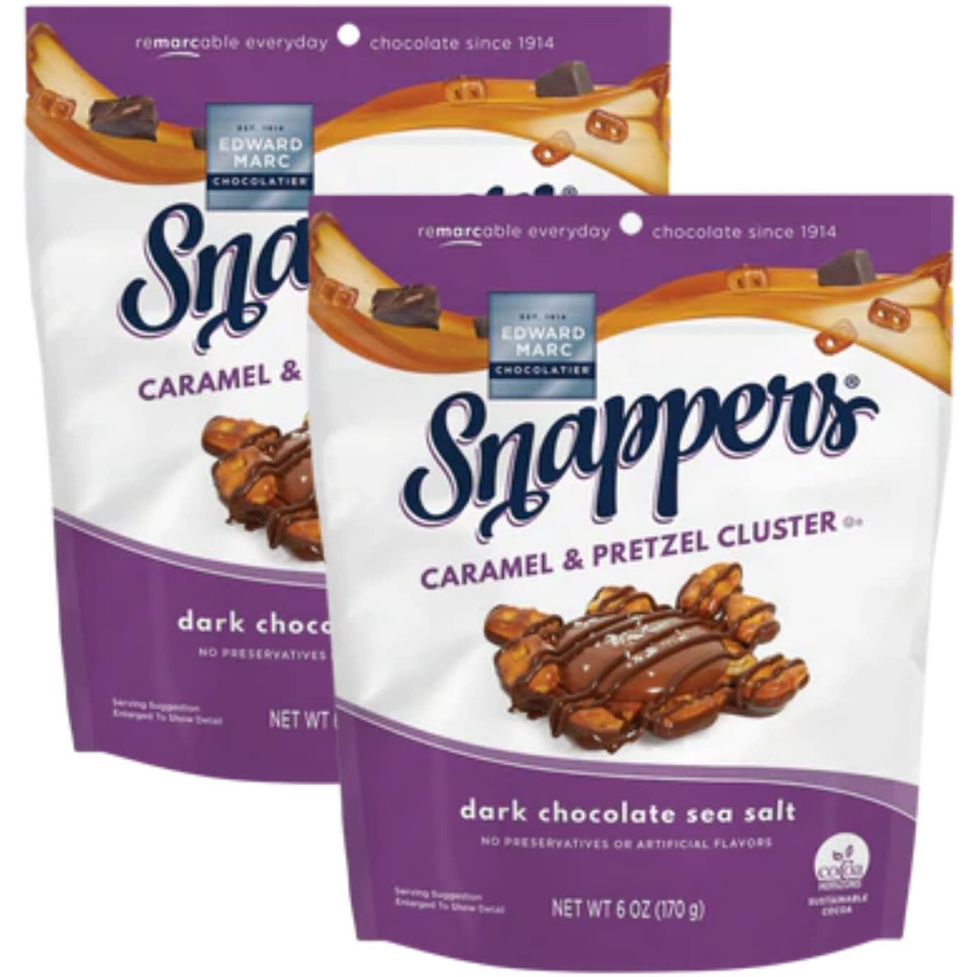 Edward Marc Snappers Sweet Caramel & Pretzels Cluster - Crunchy Pretzel Snack With Dark Chocolate & Sea Salt For Adults And Kids - 6 Oz (Pack Of 2)