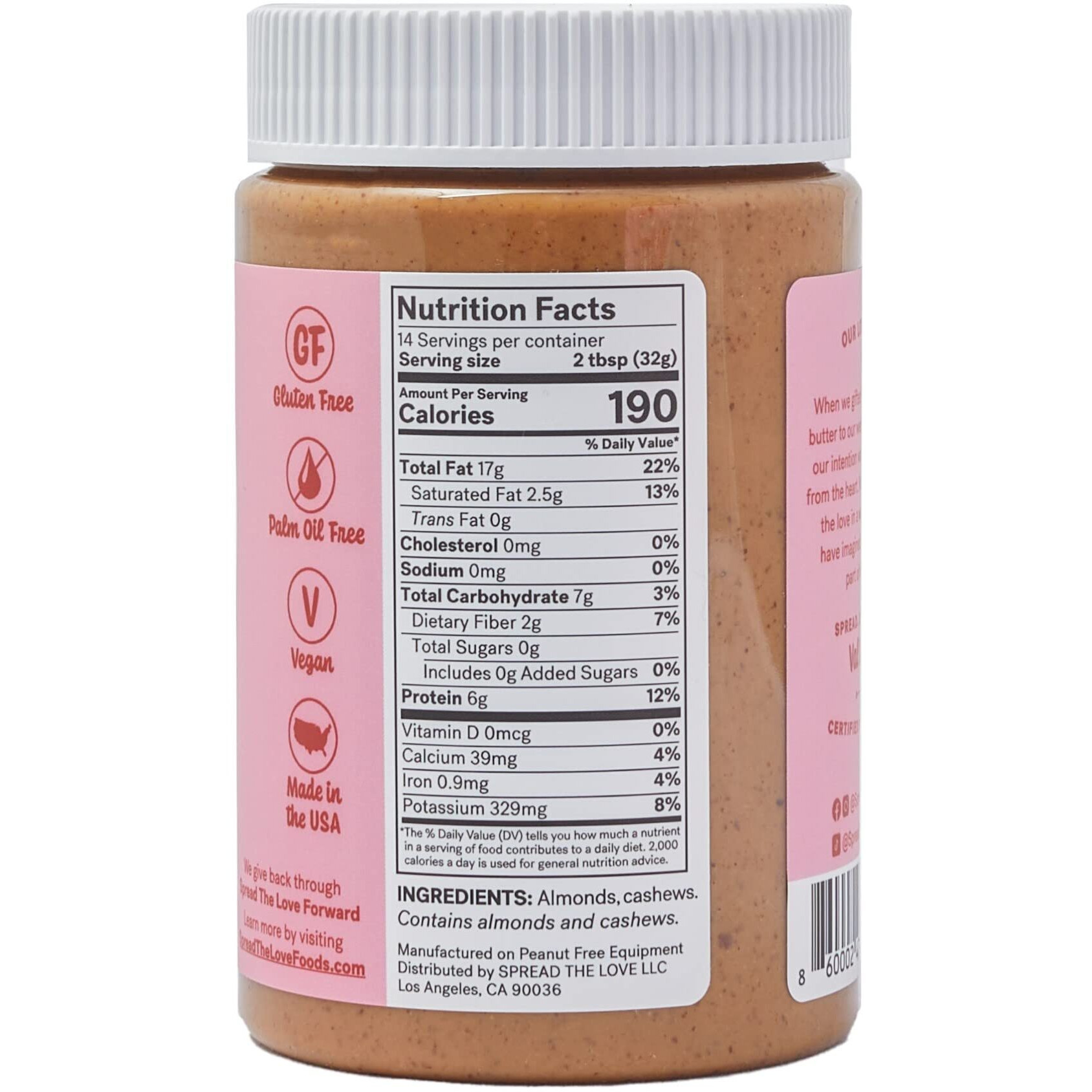 Spread The Love Almond Cashew Power Butter, 16 Ounce (All Natural, Vegan, Gluten-Free, No Salt, No Sugar, No Palm-Oil, No-Gmos) (1-Pack)