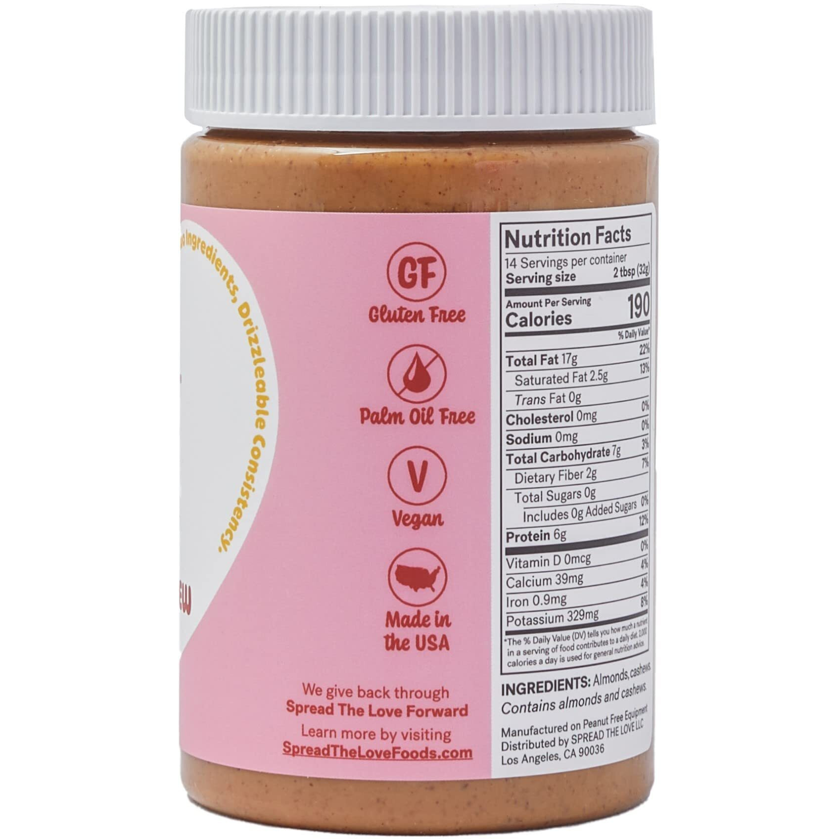 Spread The Love Almond Cashew Power Butter, 16 Ounce (All Natural, Vegan, Gluten-Free, No Salt, No Sugar, No Palm-Oil, No-Gmos) (1-Pack)