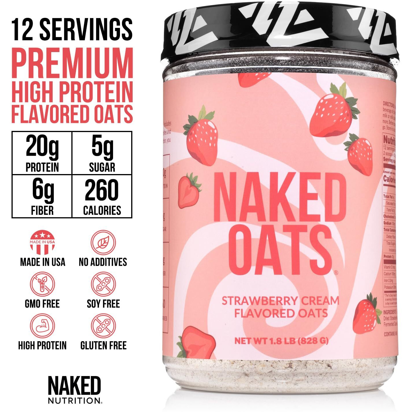 Naked Oats - Strawberry Cream Overnight Oats, 20G Grass-Fed Protein, Gluten-Free Oatmeal Instant Breakfast Or Shake, High Protein Oatmeal, High Fiber Breakfast Shake, Non Gmo, No Soy - 12 Servings