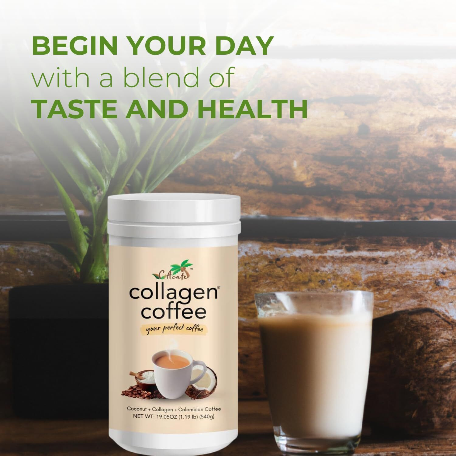 Cacafe Collagen Coffee | Coconut Infused Colombian Blend Coffee With Anti-Aging Collagen | Antioxidants & Natural Energy | 19.05Oz