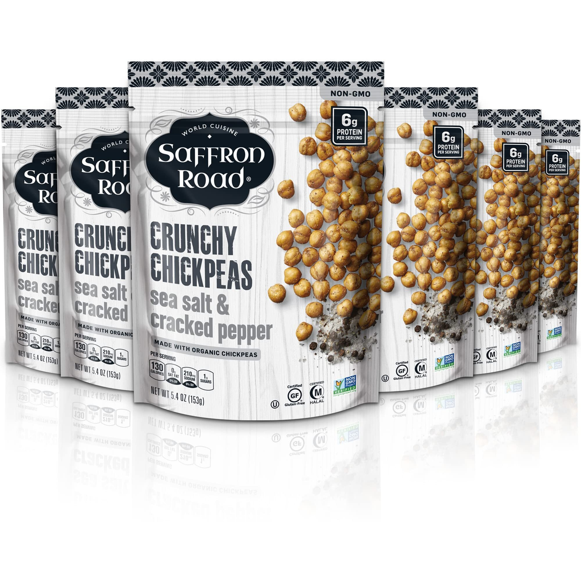 Saffron Road Organic Sea Salt And Cracked Pepper Crunchy Roasted Chickpea Snacks- 5.4Oz 6-Pack, Gluten Free, Non-Gmo, Vegan Dried Crispy Chickpeas With Protein, Fiber