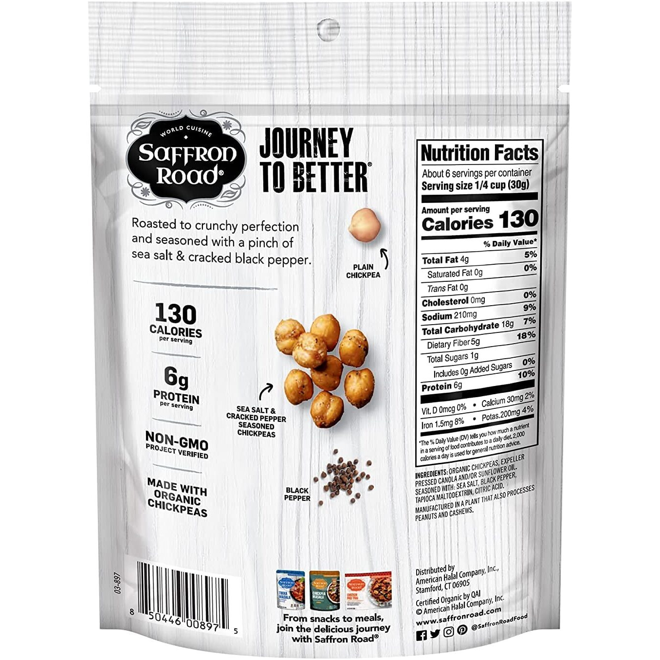 Saffron Road Organic Sea Salt And Cracked Pepper Crunchy Roasted Chickpea Snacks- 5.4Oz 6-Pack, Gluten Free, Non-Gmo, Vegan Dried Crispy Chickpeas With Protein, Fiber