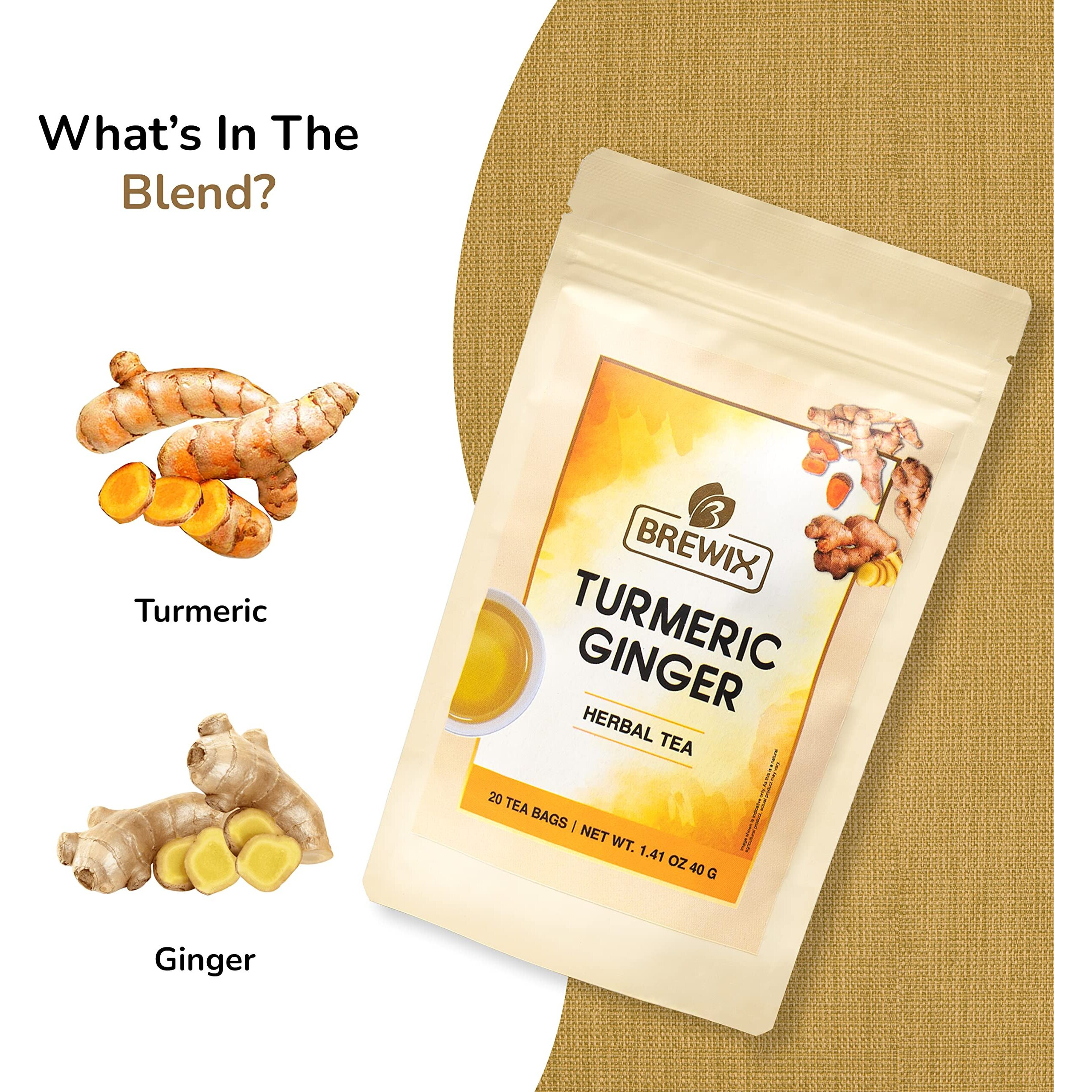 Brewix, Turmeric Ginger Herbal Tea Bags (20 Pyramid Tea Bags) Real Ingredients From India, Naturally Caffeine Free | Pure Herbal Blend | Packed In Resealable Ziplock Pouch