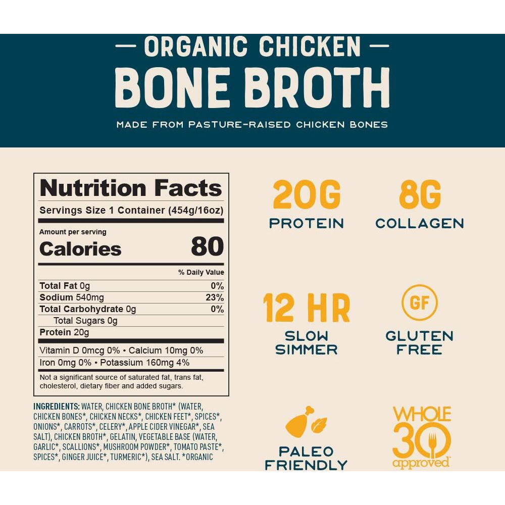 Organic Chicken Bone Broth By Bare Bones - Organic, Chicken Bone Broth, Protein-Rich, 1 Pound (Pack Of 6)