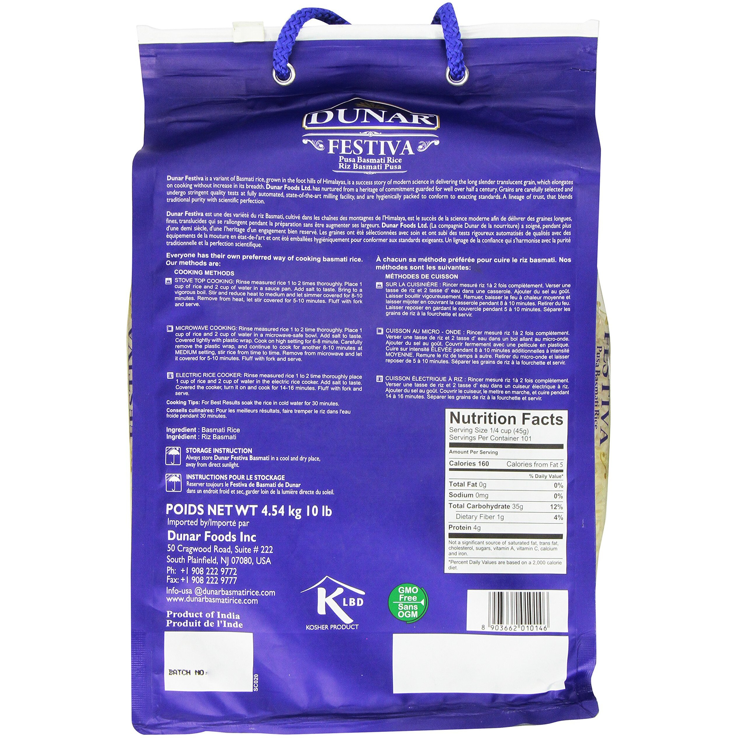 Dunar - Festiva Pusa Basmati Rice, 10 Lb