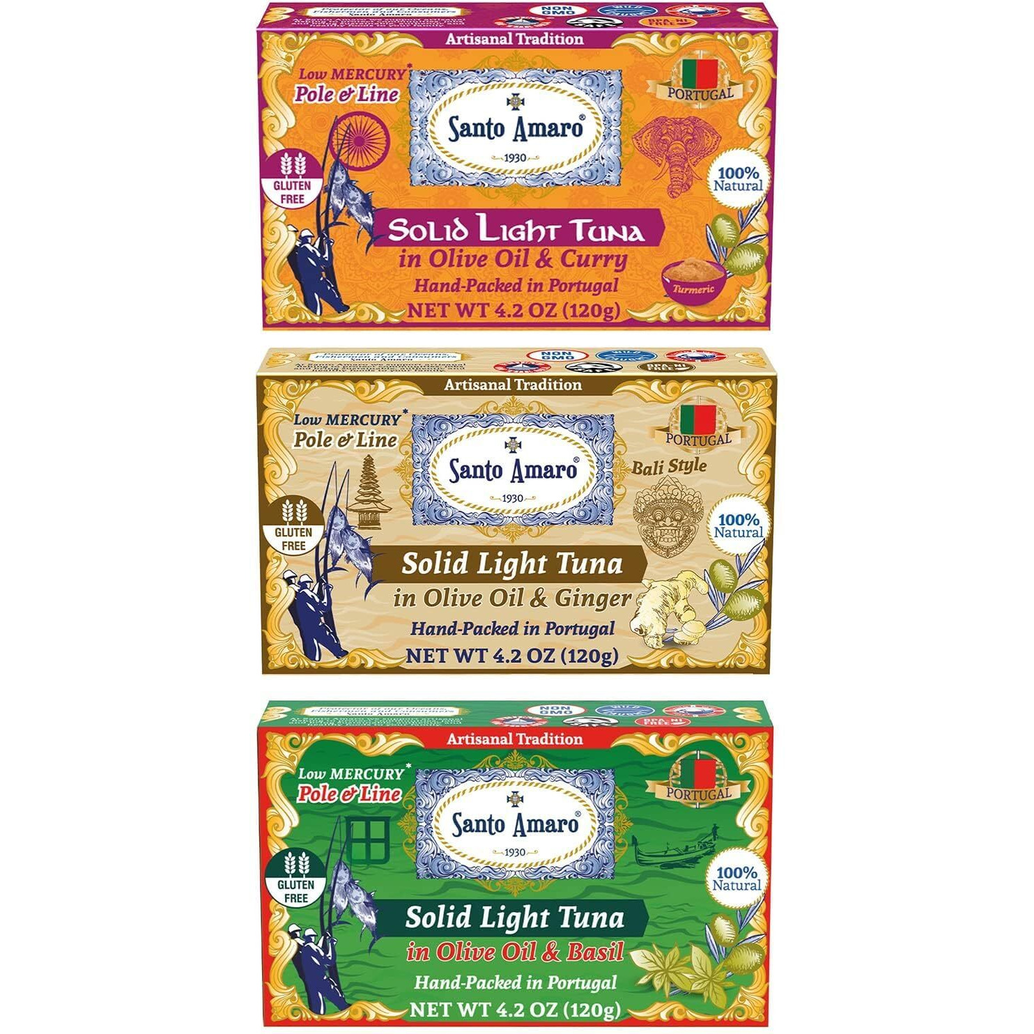 Navigator 3 Flavor Variety Pk Canned Wild Pole & Line Tuna Fillets In Olive Oil (3 Pk, 120G Ea) Turmeric Curry, Basil, Ginger - Hand-Packed Fresh In Portugal - Keto - Paleo - Solid Fillets