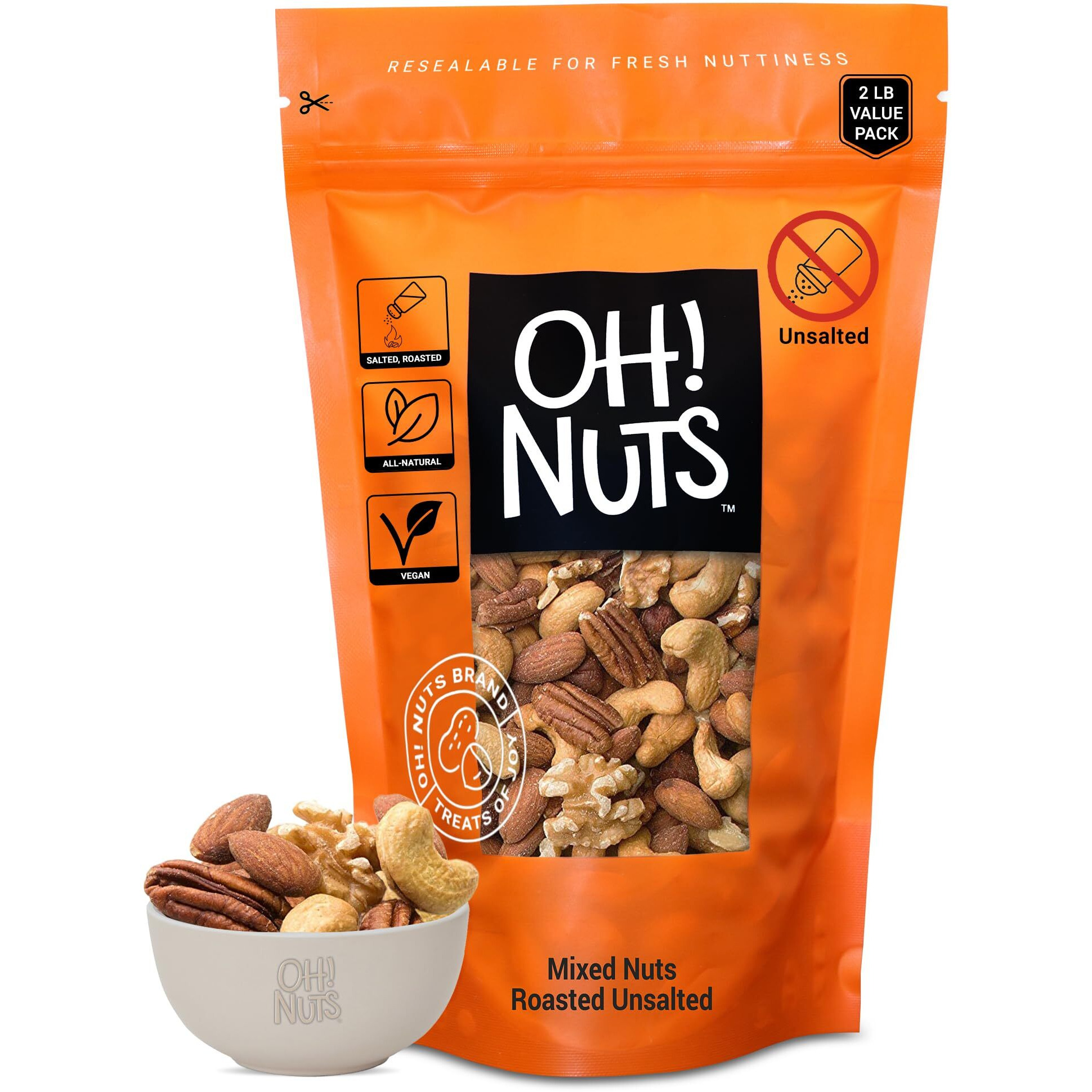 Mixed Nuts | Roasted Unsalted Cashews, Walnuts, Hazelnuts, Almonds | 2 Lb | Packed In New York Zip-Seal Bag For Exceptional Freshness By Oh Nuts