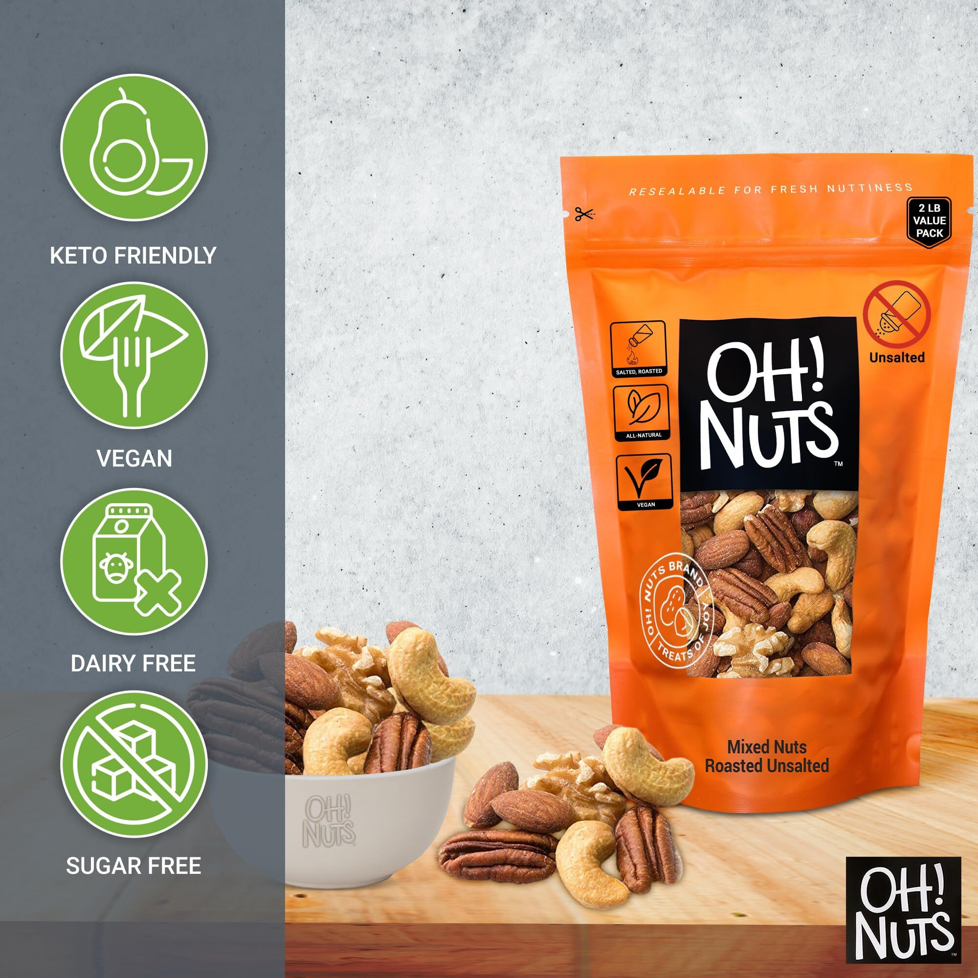 Mixed Nuts | Roasted Unsalted Cashews, Walnuts, Hazelnuts, Almonds | 2 Lb | Packed In New York Zip-Seal Bag For Exceptional Freshness By Oh Nuts