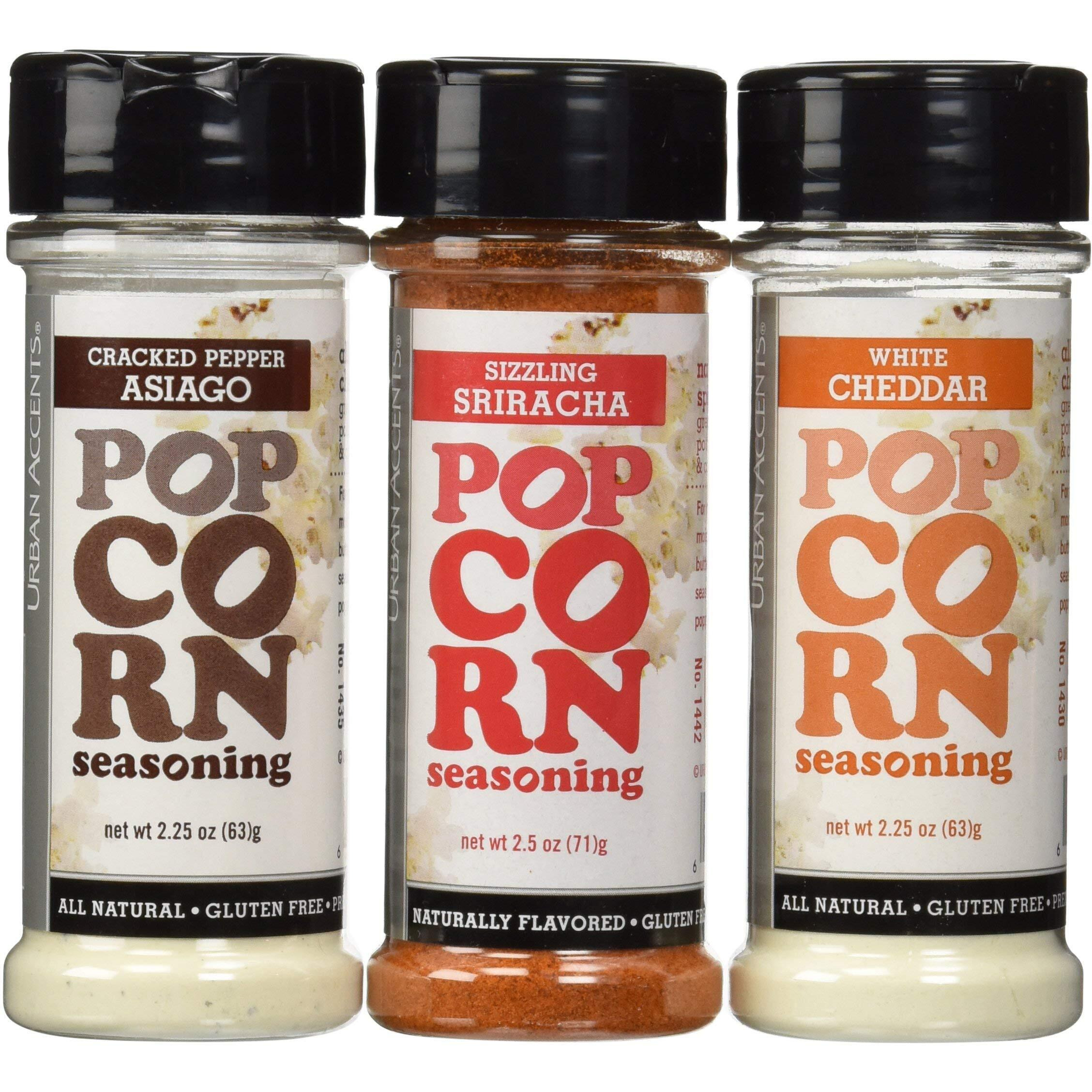 Urban Accents Gluten Free Premium Popcorn Seasoning Variety Pack - Cracked Pepper Asiago, Sizzling Sriracha, White Cheddar