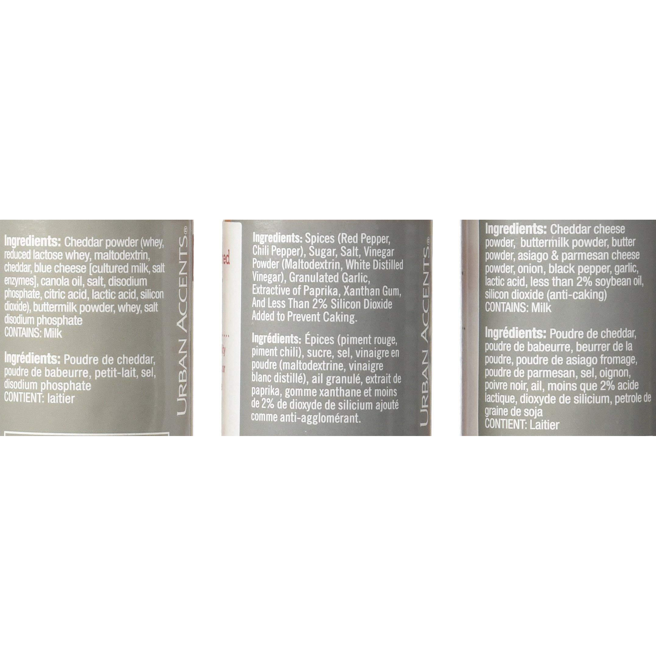 Urban Accents Gluten Free Premium Popcorn Seasoning Variety Pack - Cracked Pepper Asiago, Sizzling Sriracha, White Cheddar