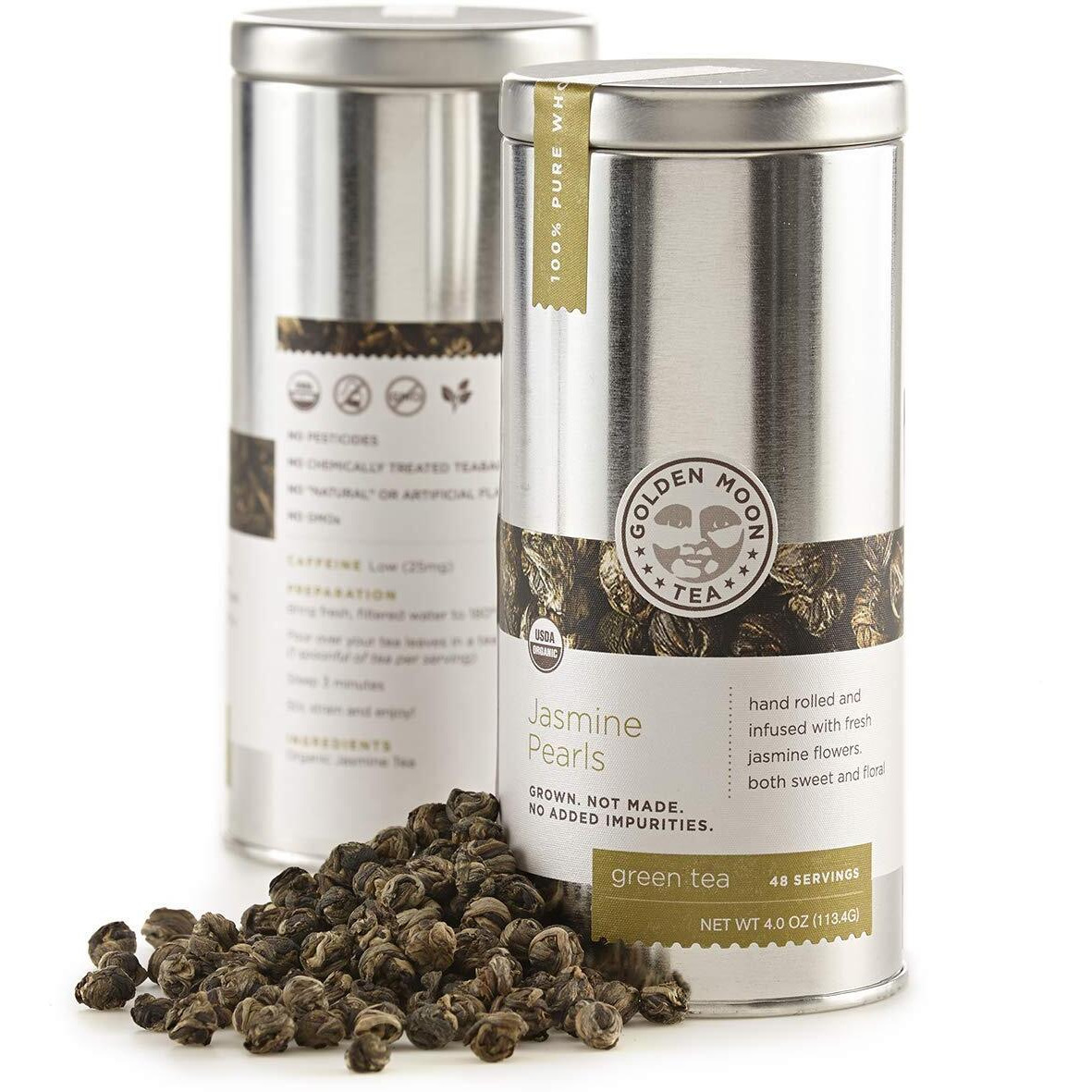 Golden Moon Tea Organic Jasmine Pearls Green Tea - Loose Leaf Dragon Pearls, Premium Grade, Non Gmo - Travel Tin (48 Servings)