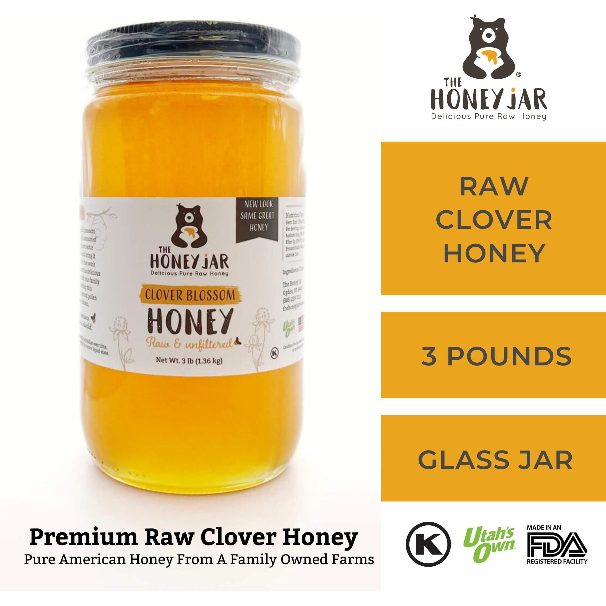 The Honey Jar Raw Clover Honey - Unfiltered And Unpasteurized Honey - Pure Honey Sourced From Family-Owned Farms In The Usa - 2 X 3Lb (48Oz) Jars