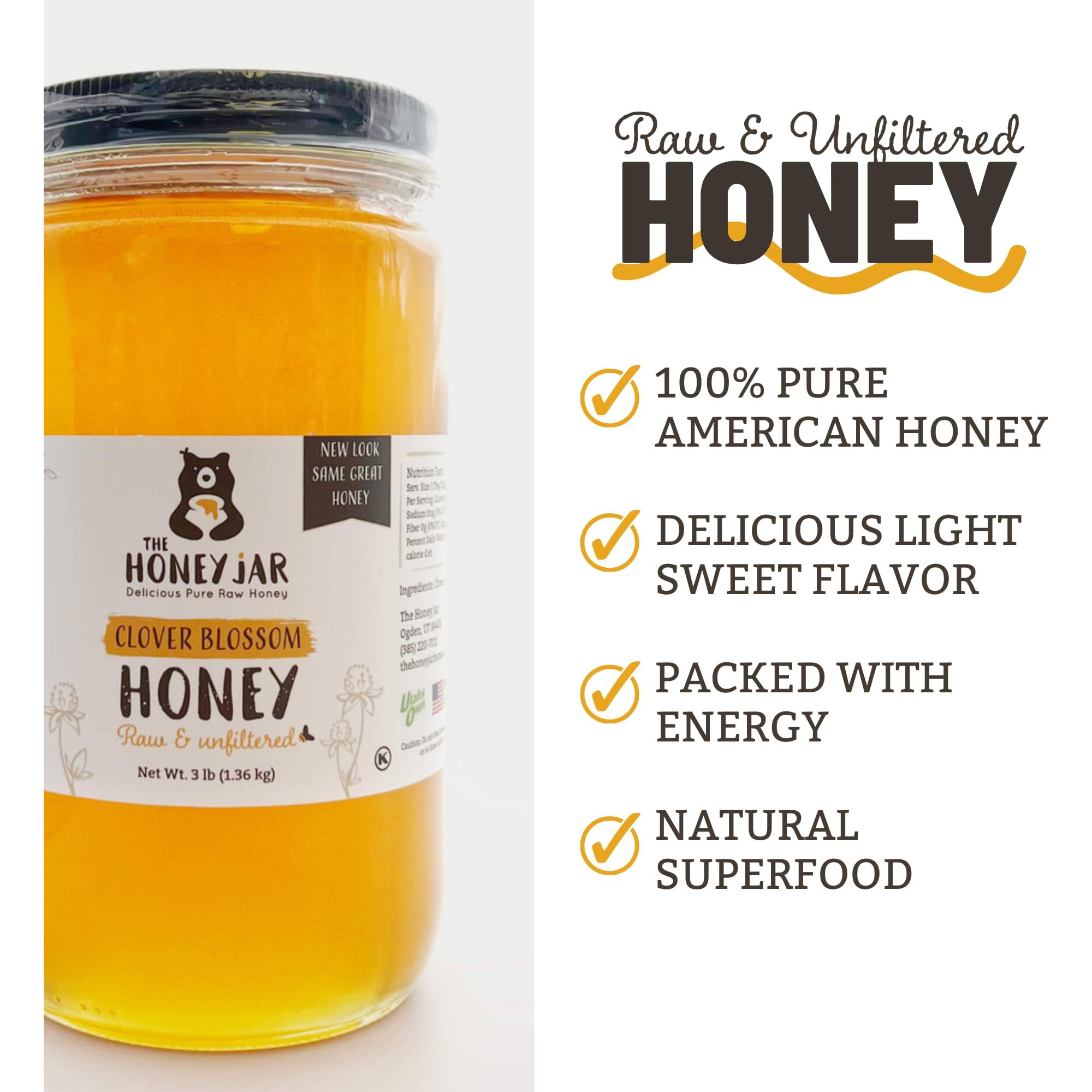 The Honey Jar Raw Clover Honey - Unfiltered And Unpasteurized Honey - Pure Honey Sourced From Family-Owned Farms In The Usa - 2 X 3Lb (48Oz) Jars