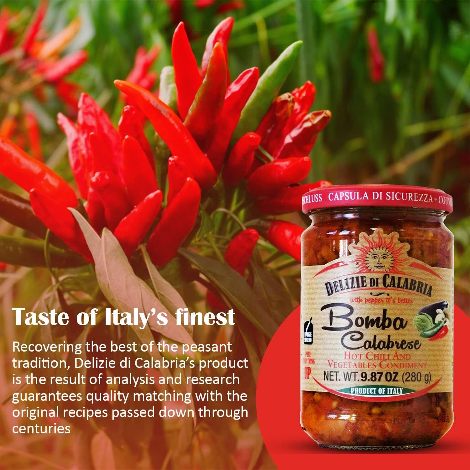 Bomba Calabrese Italian Hot Sauce Spread | Spicy Italian Seasoning Made With Authentic Calabrian Chili - Fiery Hot Dipping Salsa For Pizza Base, Pasta, Salad Dressing & Spaghetti Recipe, 9.87 Oz
