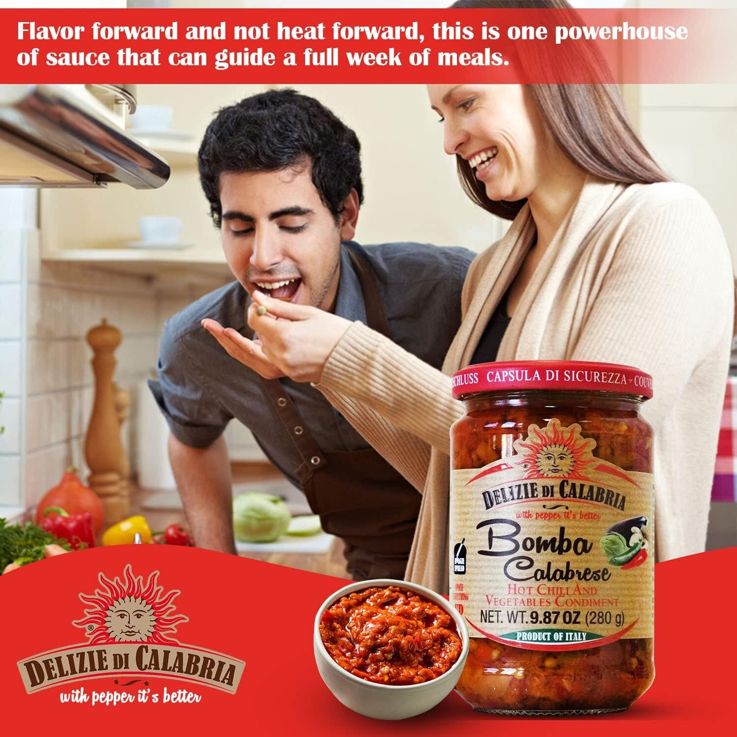 Bomba Calabrese Italian Hot Sauce Spread | Spicy Italian Seasoning Made With Authentic Calabrian Chili - Fiery Hot Dipping Salsa For Pizza Base, Pasta, Salad Dressing & Spaghetti Recipe, 9.87 Oz