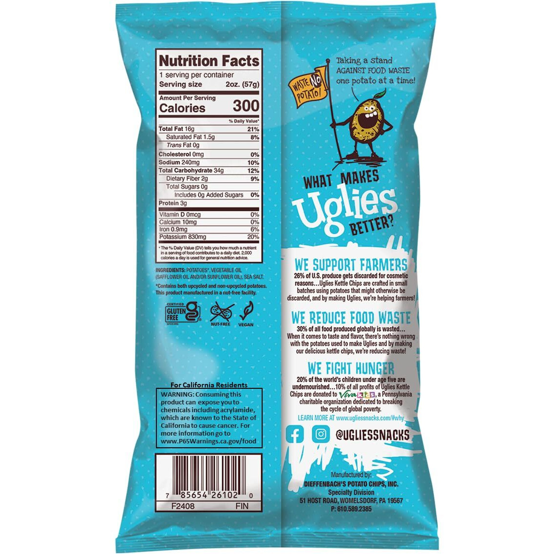 Uglies Kettle-Cooked Potato Chips, Gluten-Free Snacks, Kosher-Friendly Chips, Non-Gmo Snacks For Kids Or Office, Lunch Snacks, Individual Snack Packs, Sea Salt Potato Chips, 2 Oz. Each, Pack Of 12