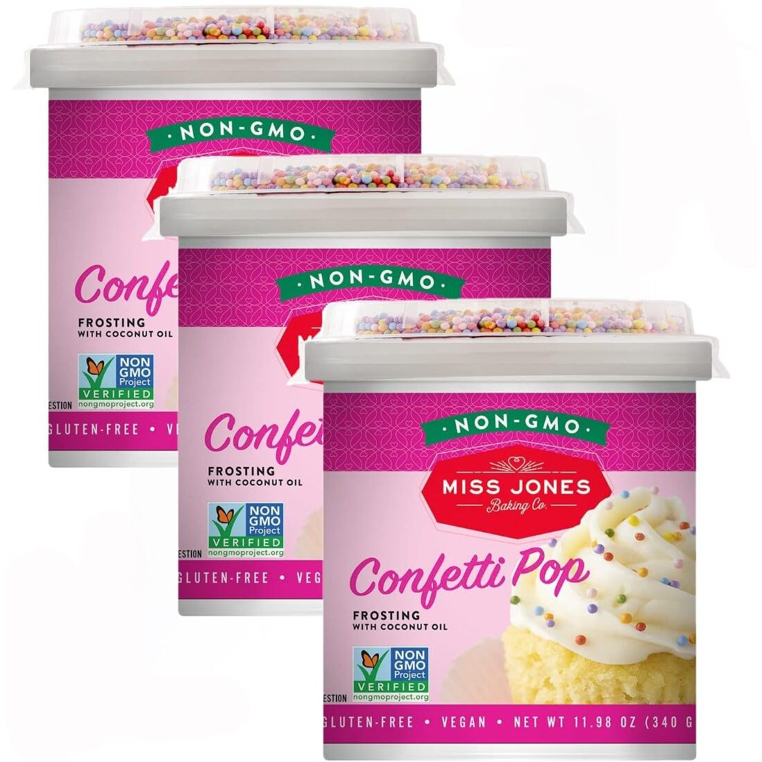 Miss Jones Baking 90% Organic Birthday Buttercream Frosting, Perfect For Icing And Decorating, Vegan-Friendly Confetti Pop (Pack Of 3)