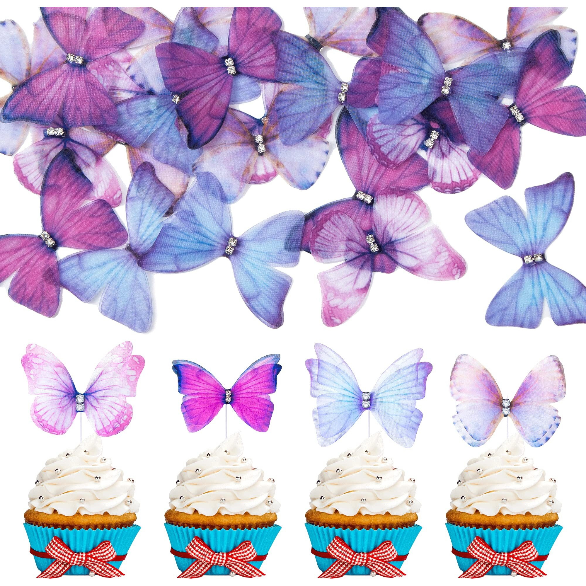 24Pcs Lively 3D Butterfly Cupcake Toppers Double Layer Butterfly Decorations For Girls Women's Happy Birthday Wedding Party Cake Wall Party Food Decorations Purple