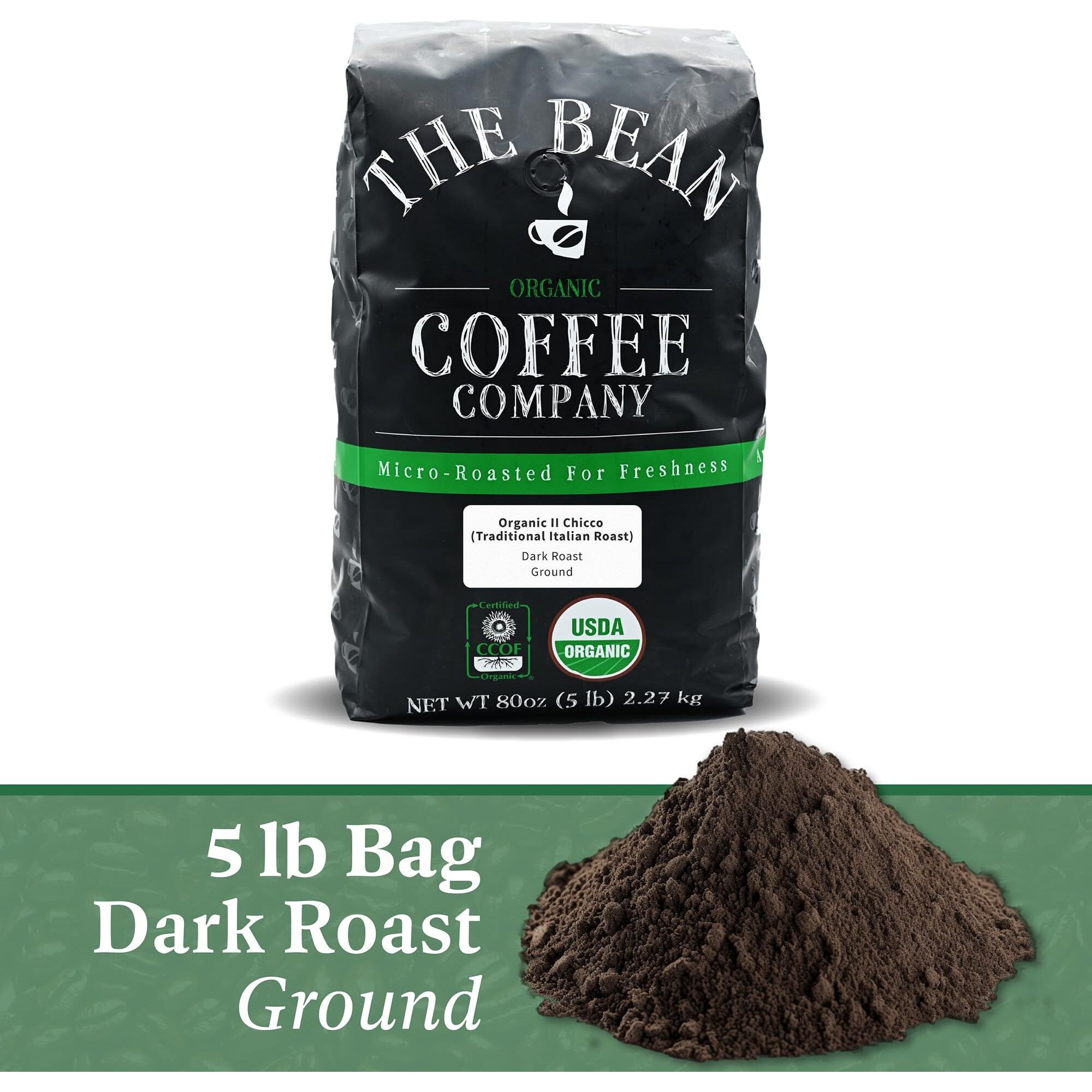 The Bean Organic Coffee Company Il Chicco (Traditional Italian Roast), Dark Roast, Ground Coffee, 5-Pound Bag, Caf   Molido Tostado Org  Nico