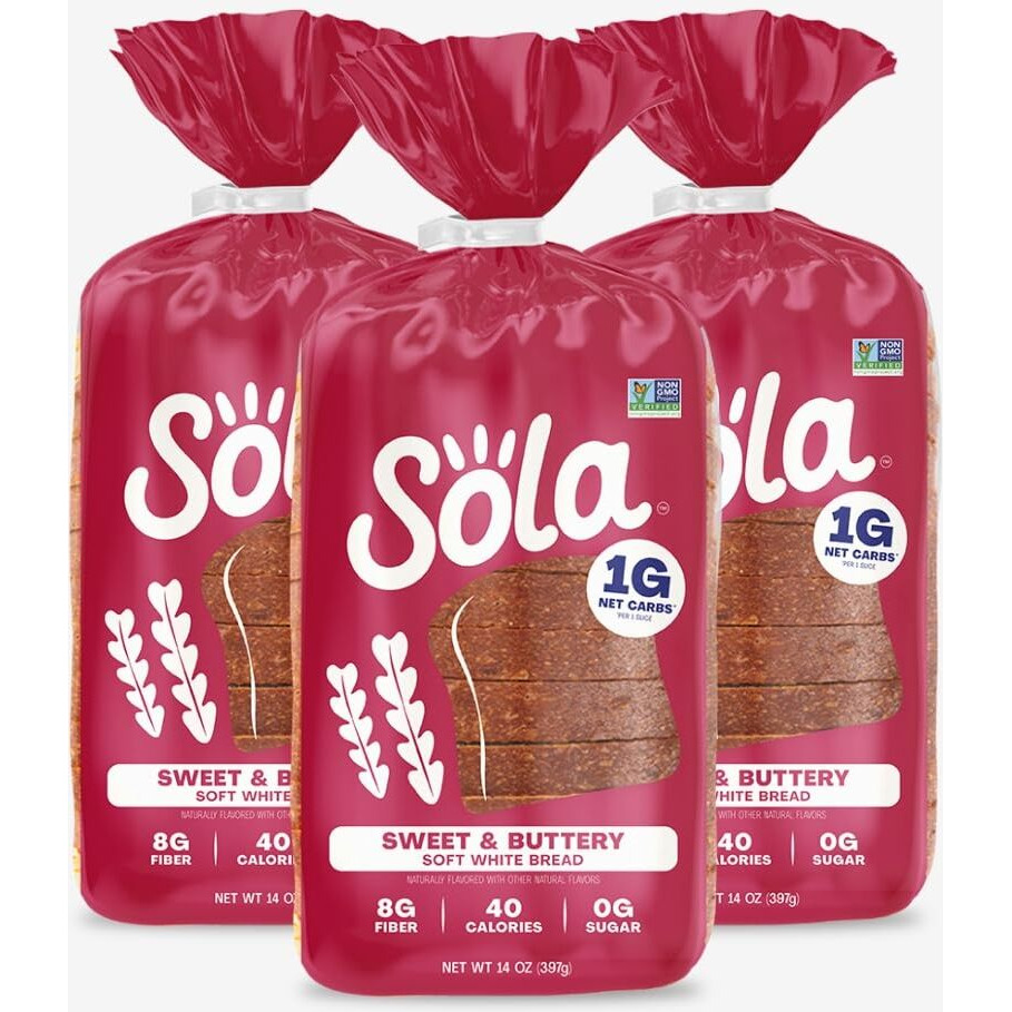 Sola Keto Sweet & Buttery White Bread - Delicious Non-Gmo, No Added Sugar, Low Calorie Bread Loaf With 1G Net Carbs (Pack Of 3)