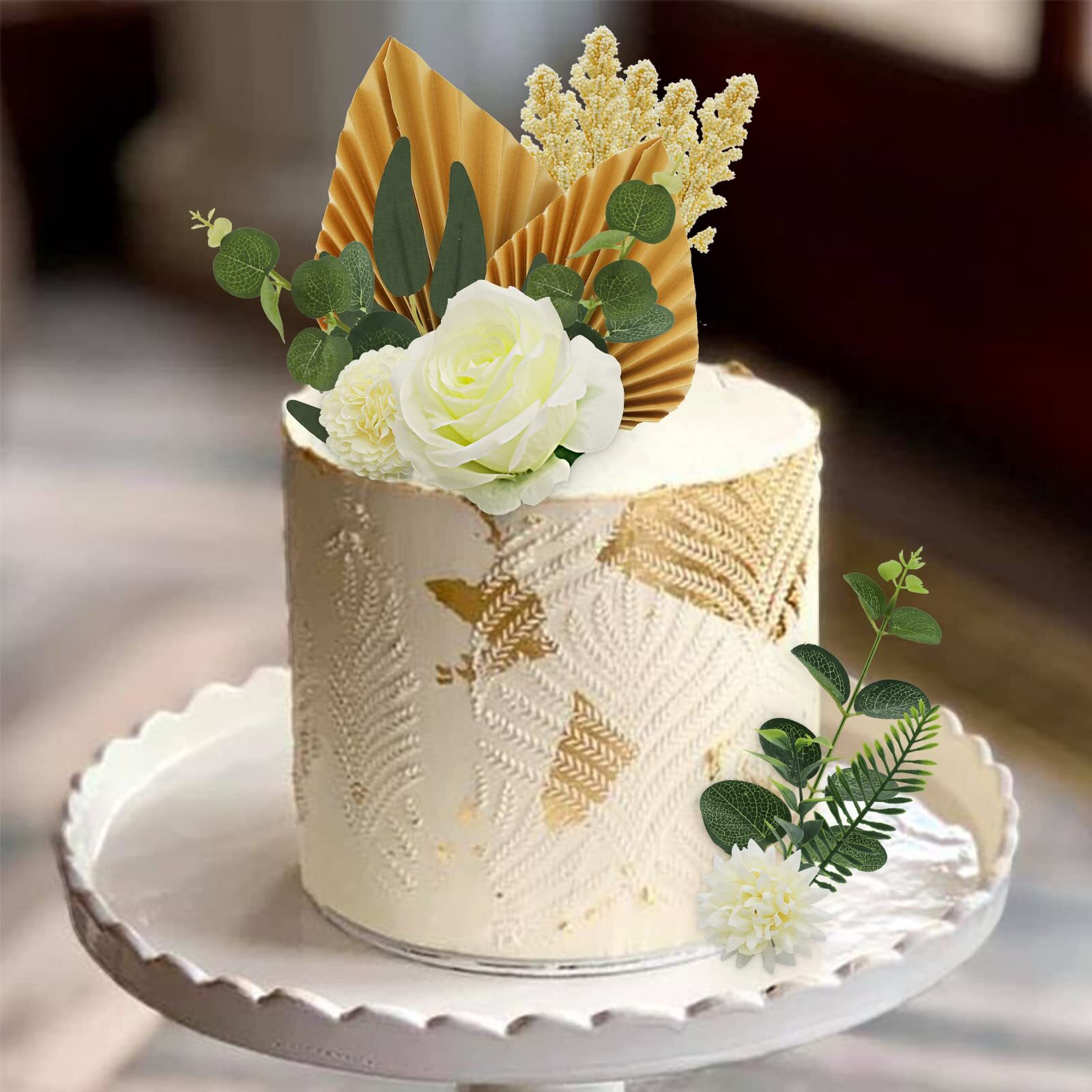 Lukinuo 16Pcs Boho Cake Topper Decoration Flower Cake Topper Gold Palm Leaves Cake Decoration White Rose Carnation Eucalyptus Willow Leaves Cake D  Cor For Bohemian Birthday Wedding Bridal Baby Shower