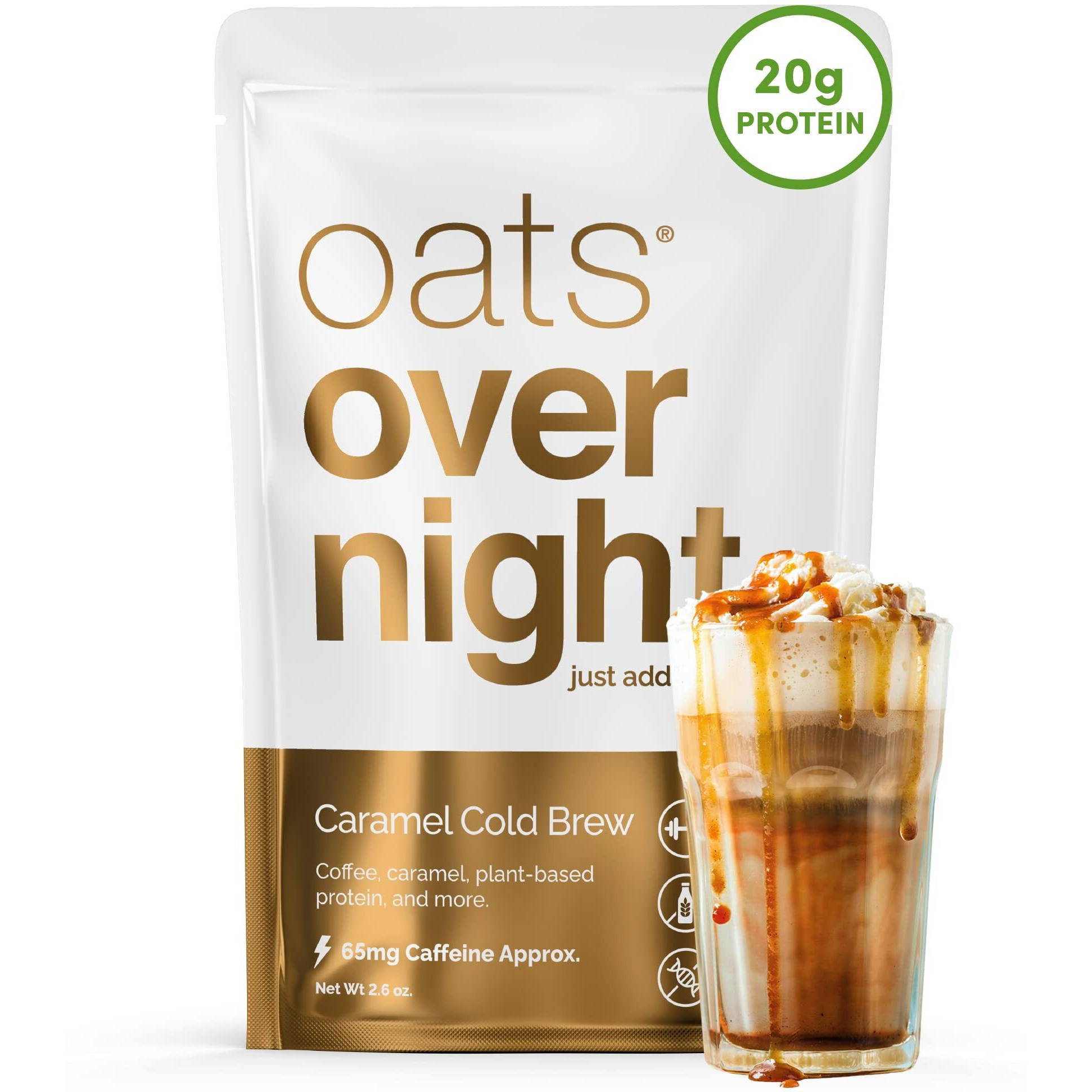 Oats Overnight - Caramel Cold Brew - Vegan, 20G Protein, High Fiber Breakfast Shake 65Mg Caffeine - Gluten Free, Non Gmo Oatmeal (2.6 Oz Per Meal) (24 Pack)