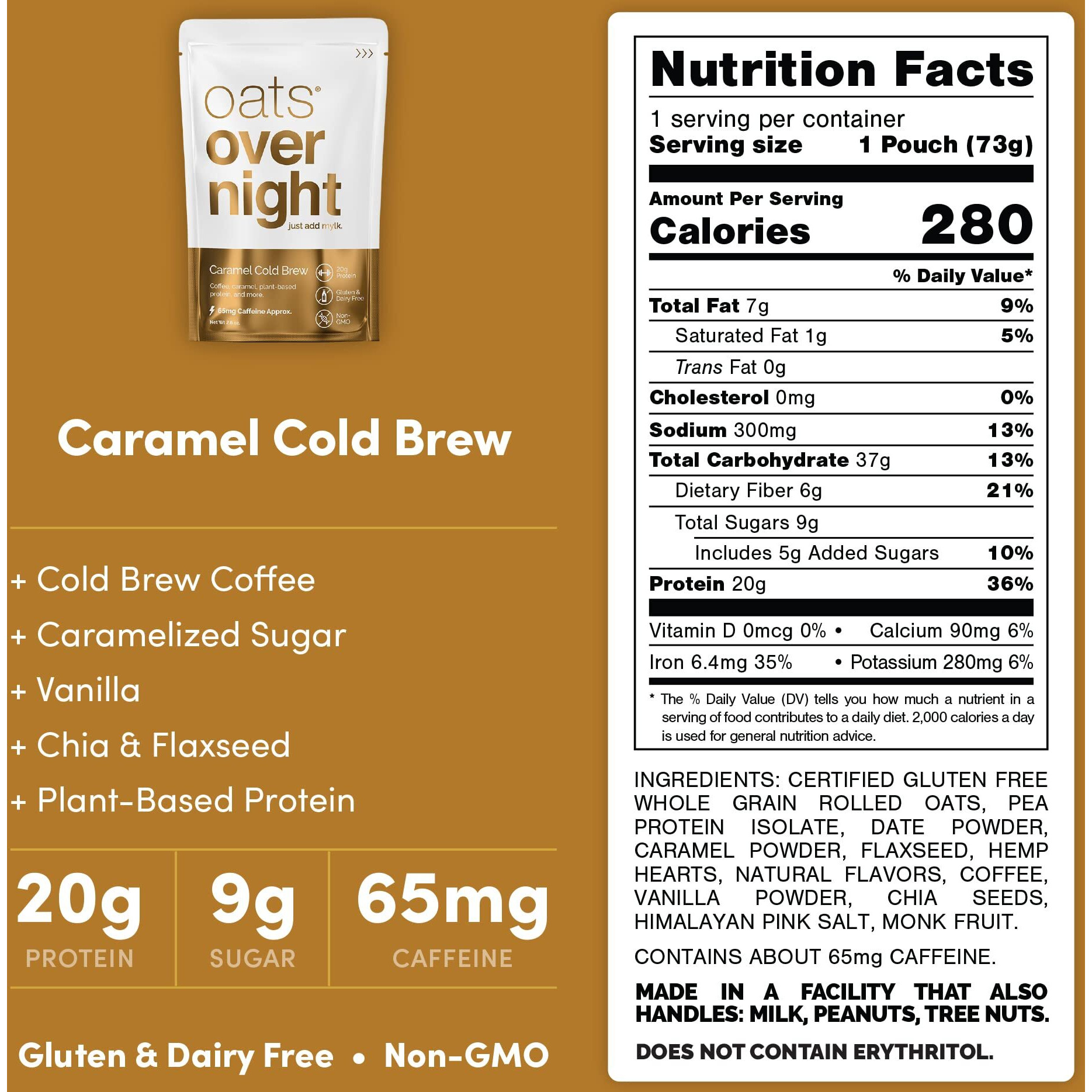 Oats Overnight - Caramel Cold Brew - Vegan, 20G Protein, High Fiber Breakfast Shake 65Mg Caffeine - Gluten Free, Non Gmo Oatmeal (2.6 Oz Per Meal) (24 Pack)