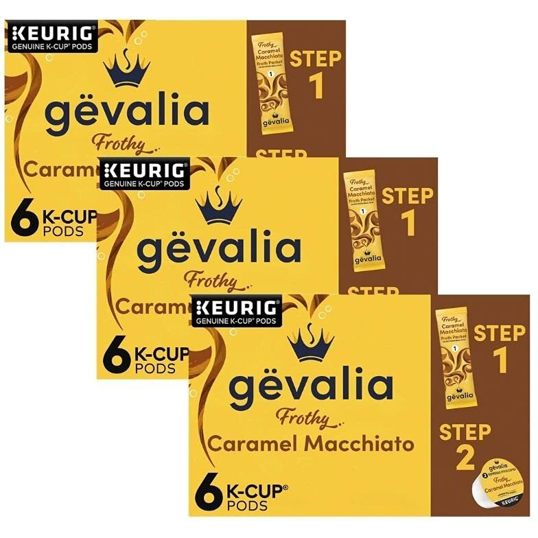 Gevalia Caramel Macchiato 2-Step K-Cup & Froth Packets, 6-Count, 5.6 Oz. Box (Pack Of 3) [Retail Packaging]