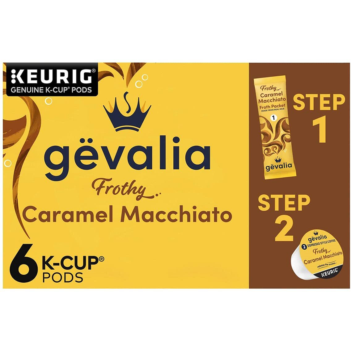 Gevalia Caramel Macchiato 2-Step K-Cup & Froth Packets, 6-Count, 5.6 Oz. Box (Pack Of 3) [Retail Packaging]