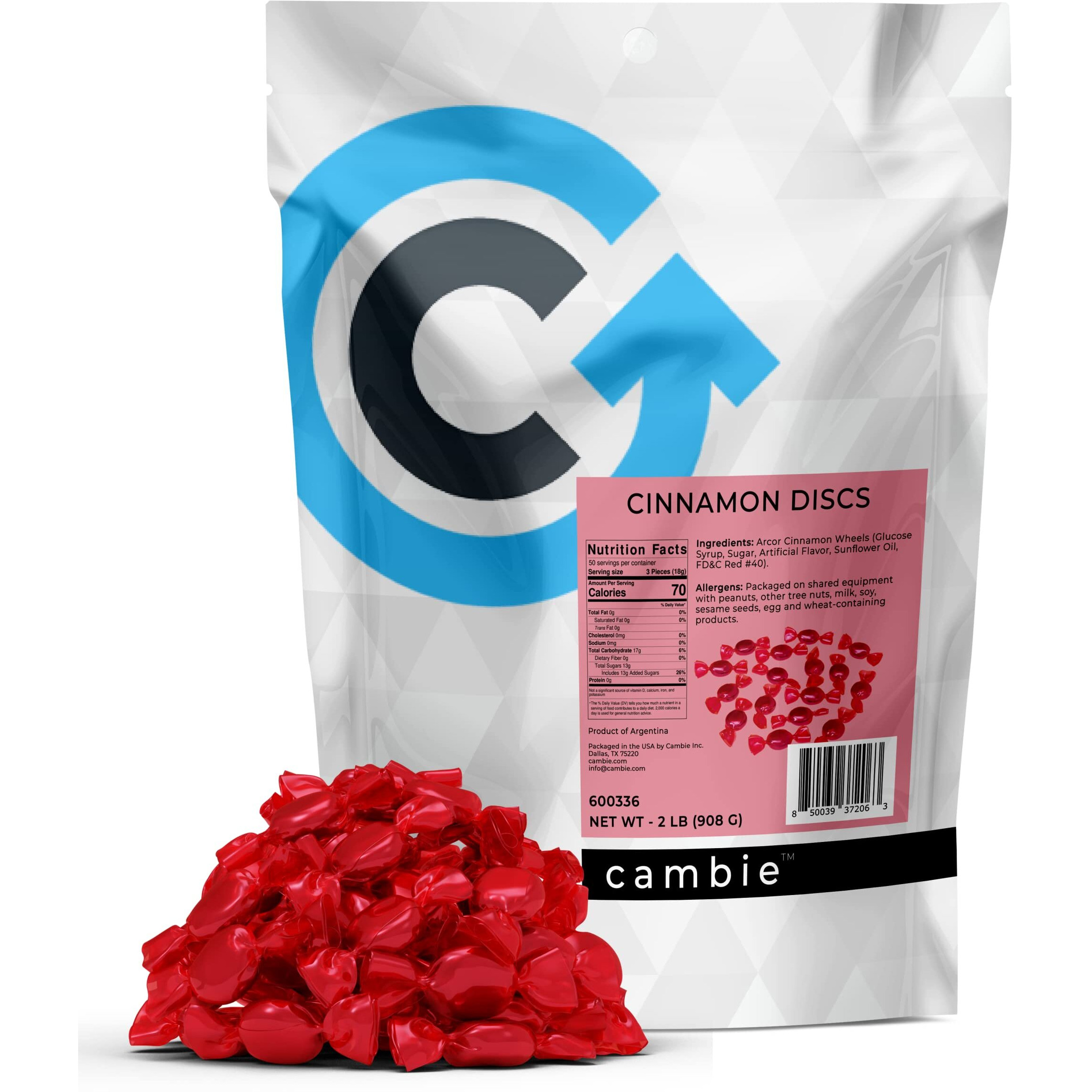 Cambie - Arcor Cinnamon Discs Hard Candy Individually Wrapped, Sweet & Fiery Cinnamon Flavoured Hard Candy, Perfect For Parties & Events, Packaged In A Resealable Pouch - 2 Lbs