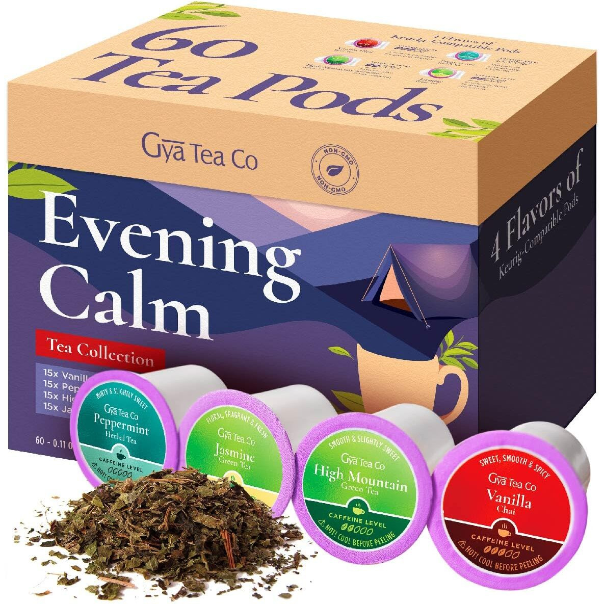 Gya Tea Co Evening Calm Tea K Cups For Keurig - 60 Count Smooth Tea K Cups For Keurig - Vanilla Chai, Peppermint, High Mountain & Jasmine K Cup Tea Pods For Keurig 2.0 & 1.0 - Tea Gifts For Tea Lovers