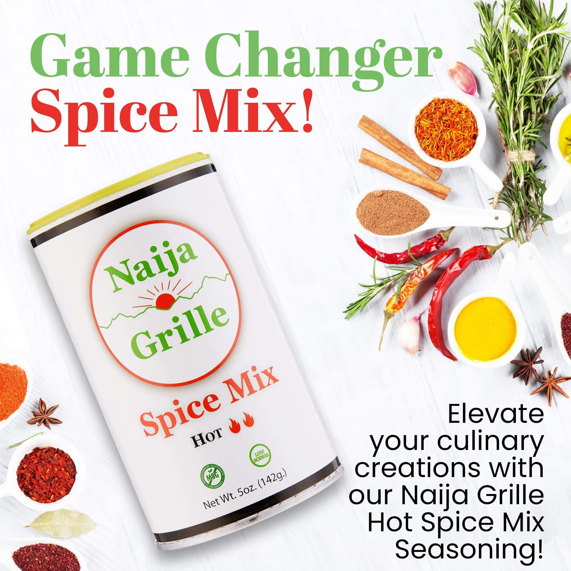 Naija Grille Seasoning - Hot - All Purpose Spice Mix For Chicken, Beef, Fish, Vegetables, And More - Elevate Flavor With Seasoning For Cooking, Grilling, Bbq, And Frying - Low Sodium - 5 Oz
