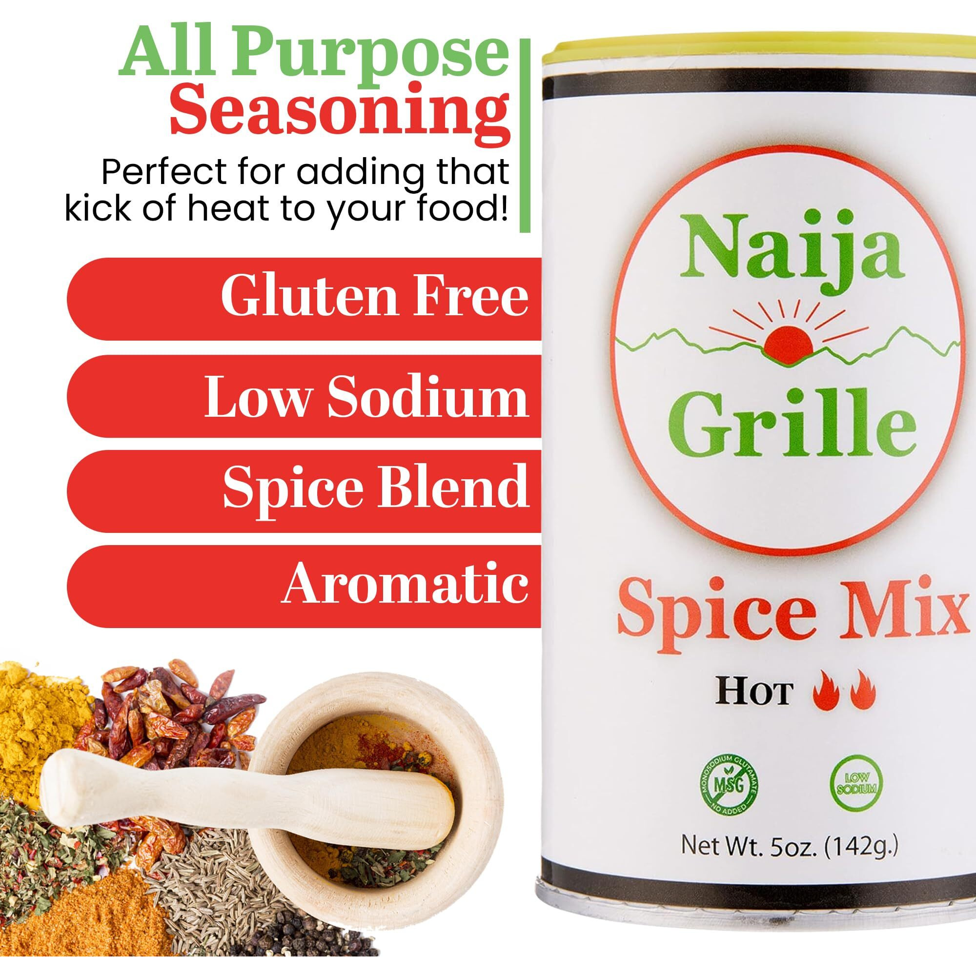 Naija Grille Seasoning - Hot - All Purpose Spice Mix For Chicken, Beef, Fish, Vegetables, And More - Elevate Flavor With Seasoning For Cooking, Grilling, Bbq, And Frying - Low Sodium - 5 Oz
