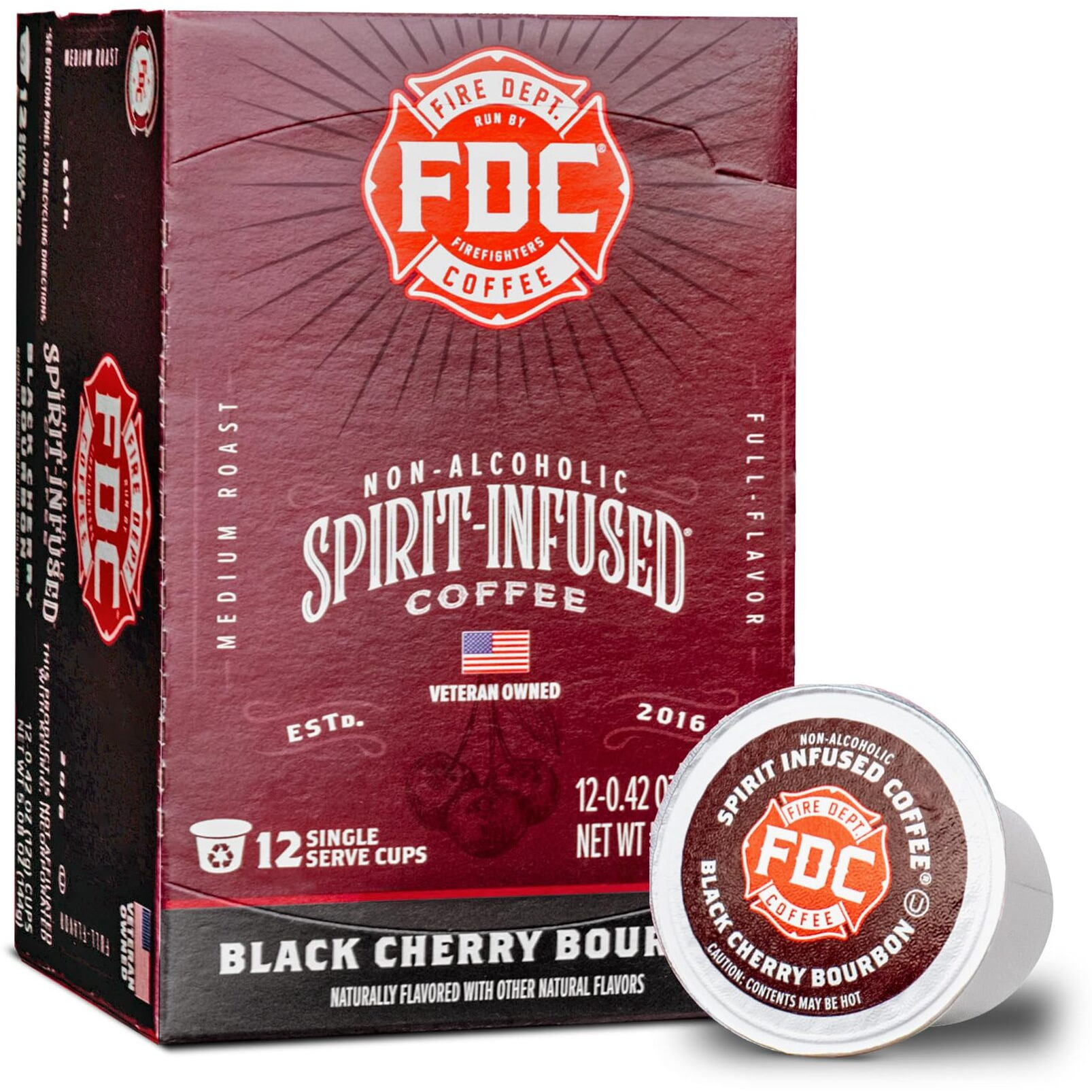 Fire Department Coffee - Black Cherry Bourbon Coffee K Cups - Gives Back To Firefighters - Bourbon Infused Coffee Pods - Non-Alcoholic - Roasted In The Usa - Veteran Owned - 12 Single Pods