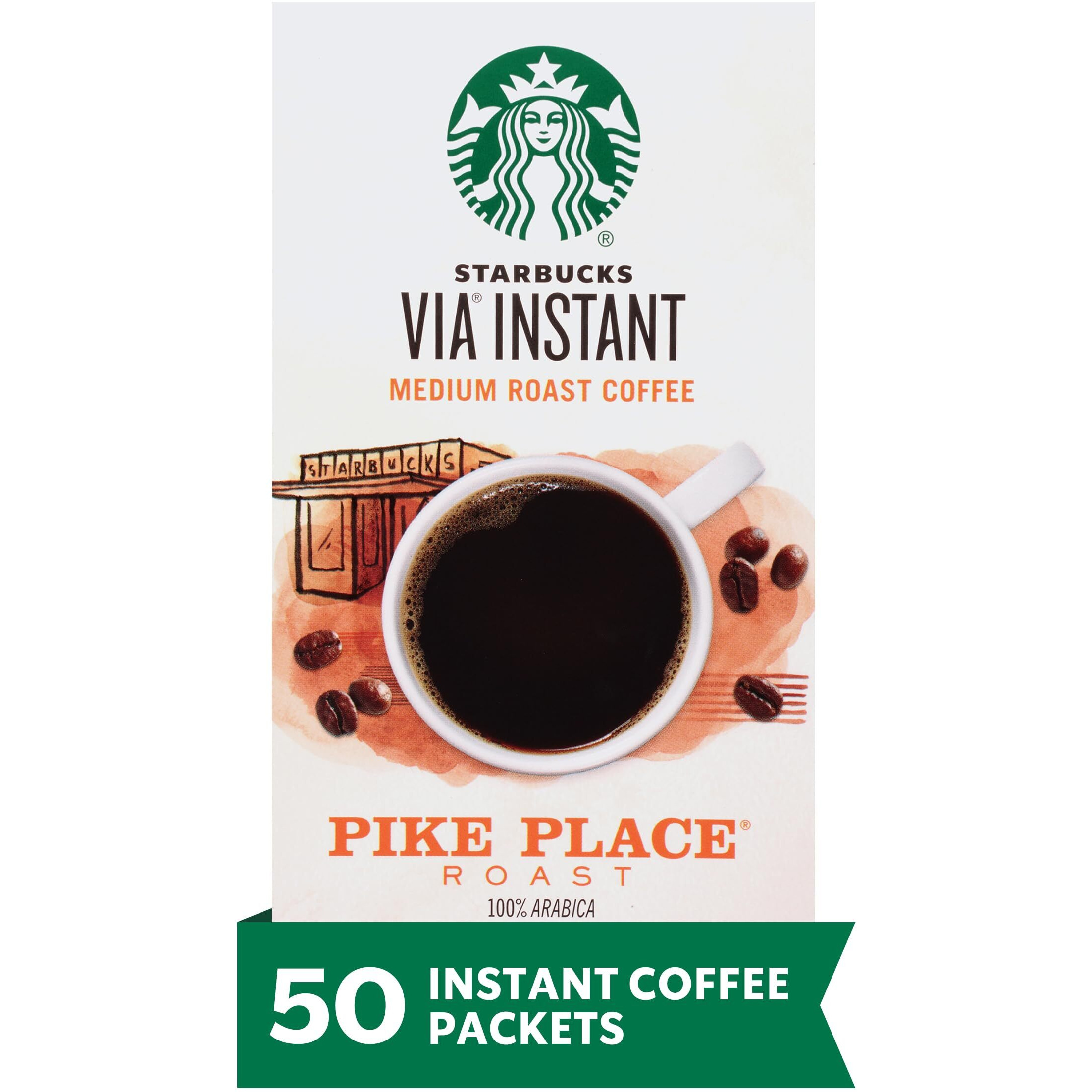 Starbucks Via Instant Coffee, Medium Roast Coffee, Pike Place Roast, 100% Arabica, 1 Box (50 Packets)