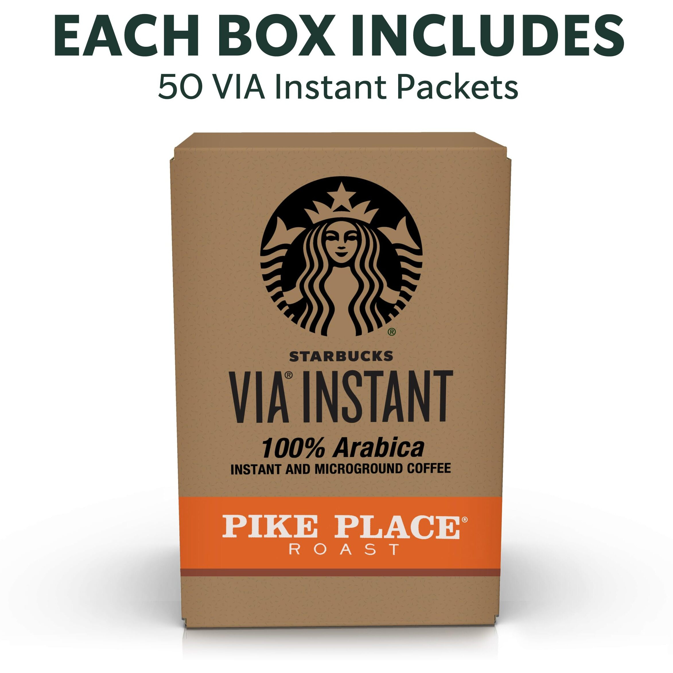 Starbucks Via Instant Coffee, Medium Roast Coffee, Pike Place Roast, 100% Arabica, 1 Box (50 Packets)