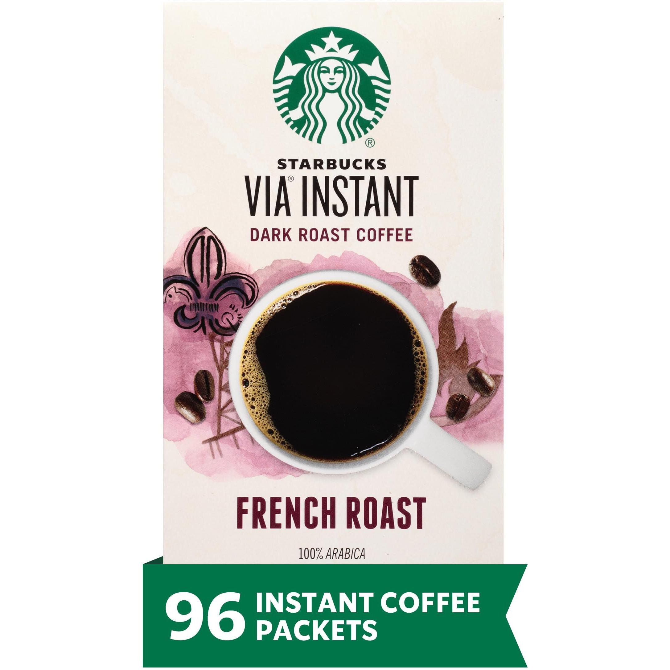 Starbucks Via Instant Coffee, Dark Roast Coffee, French Roast, 100% Arabica, 12 Boxes (96 Packets)