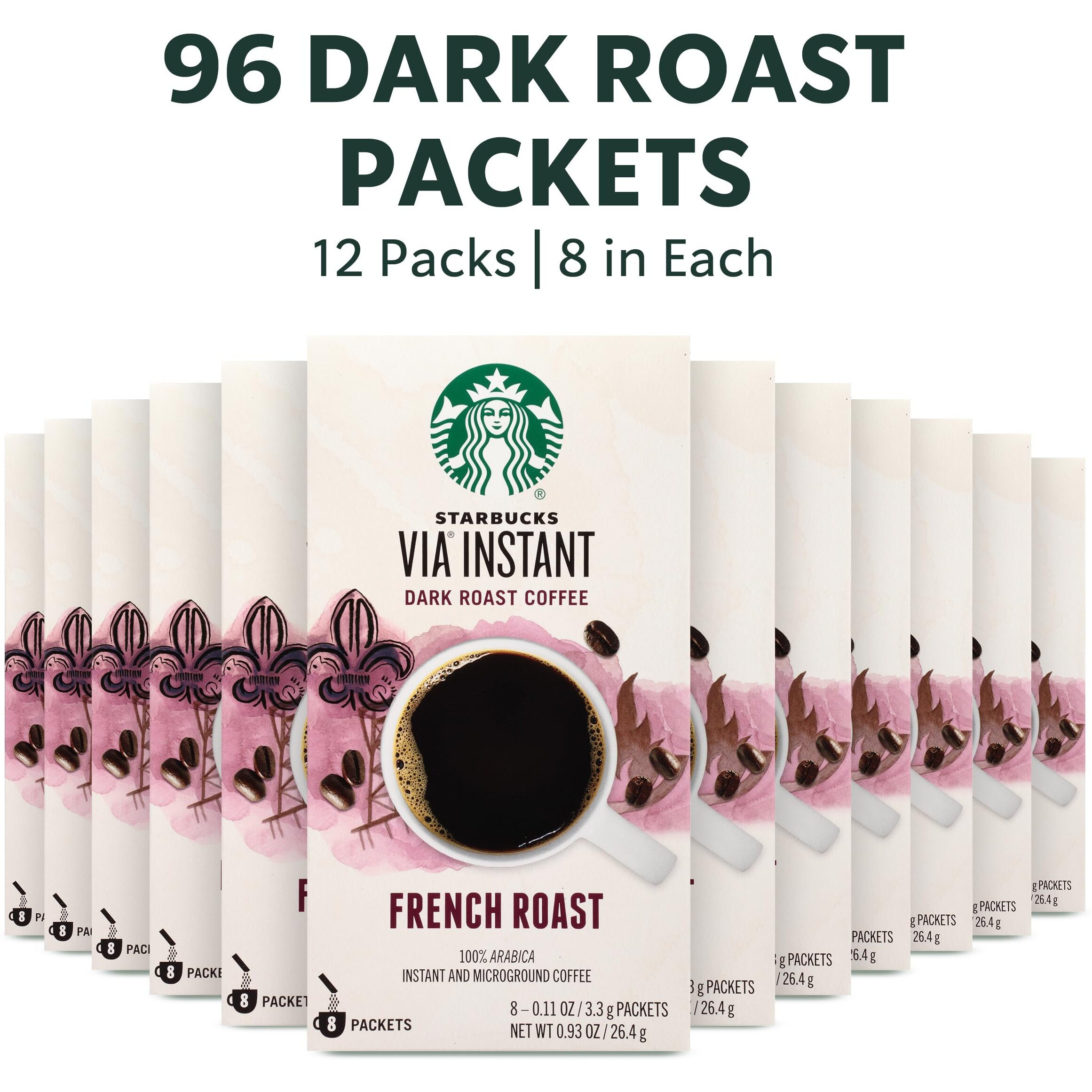 Starbucks Via Instant Coffee, Dark Roast Coffee, French Roast, 100% Arabica, 12 Boxes (96 Packets)