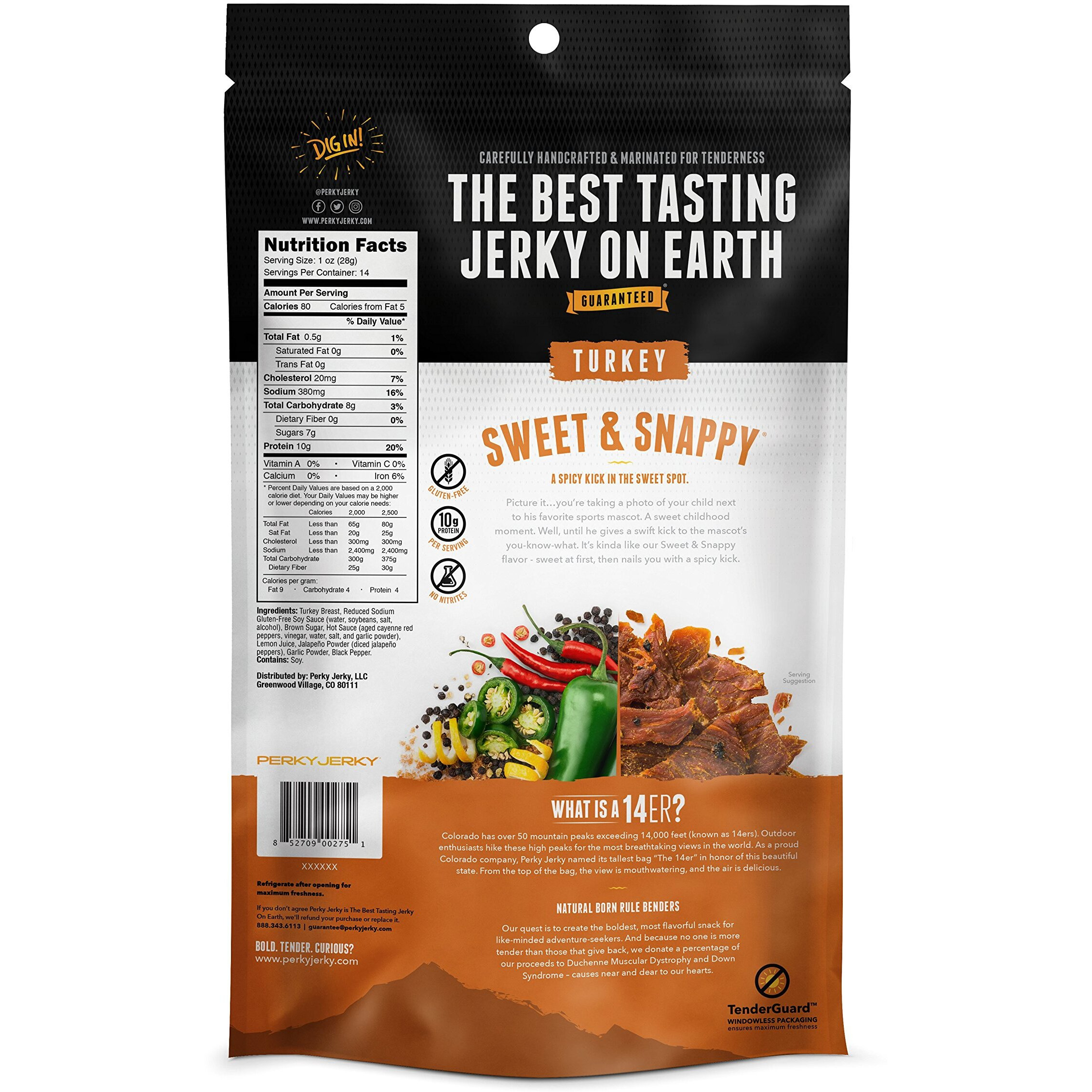 Perky Jerky Sweet And Snappy Turkey Jerky, 14Oz - Low Sodium - 10G Protein Per Serving - Low Fat - 100% U.S. Sourced - Tender Texture And Bold Flavor