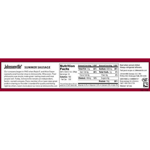 Johnsonville Garlic Summer Sausage 1/20Oz, Great For Charcuterie And Cheese, Good Source Of Protein